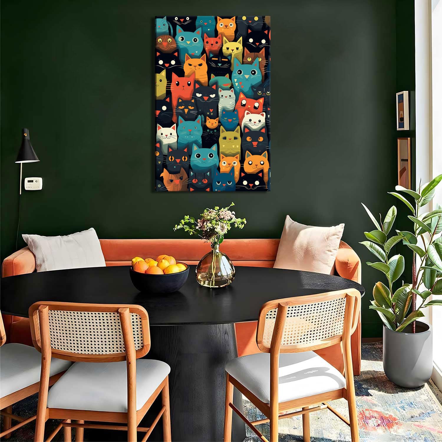 Funny Colorful Cat Canvas Wall Art — Cartoon Kitten Poster, Framed Print, 12x16 Inches, Bathroom Kids Bedroom Decor - View #2