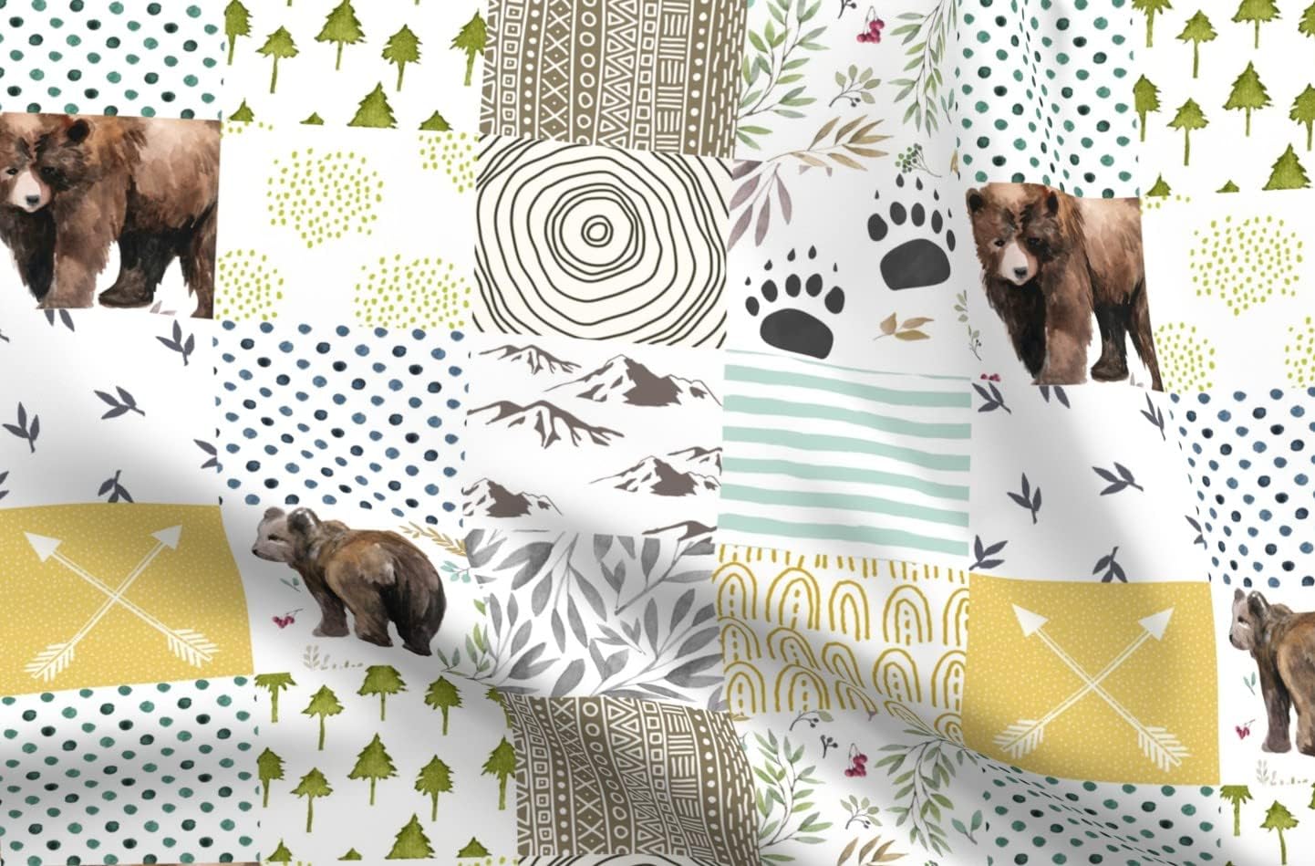 Spoonflower Fabric - Woodland Baby Watercolor Bear Forest Animal Green Yellow White Quilt Printed on Upholstery Velvet Fabric Fat Quarter - Upholstery Home Decor Bottomweight Apparel