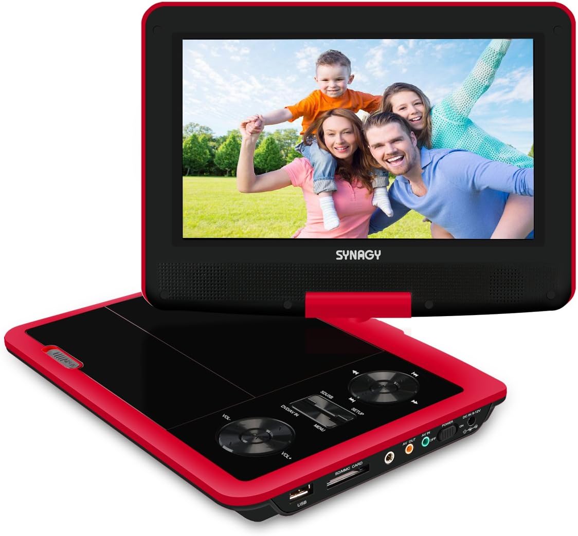 SYNAGY 11" Portable DVD Player CD Player with 9" Swivel Screen Remote Control Rechargeable Battery Car Charger Wall Charger (Red)