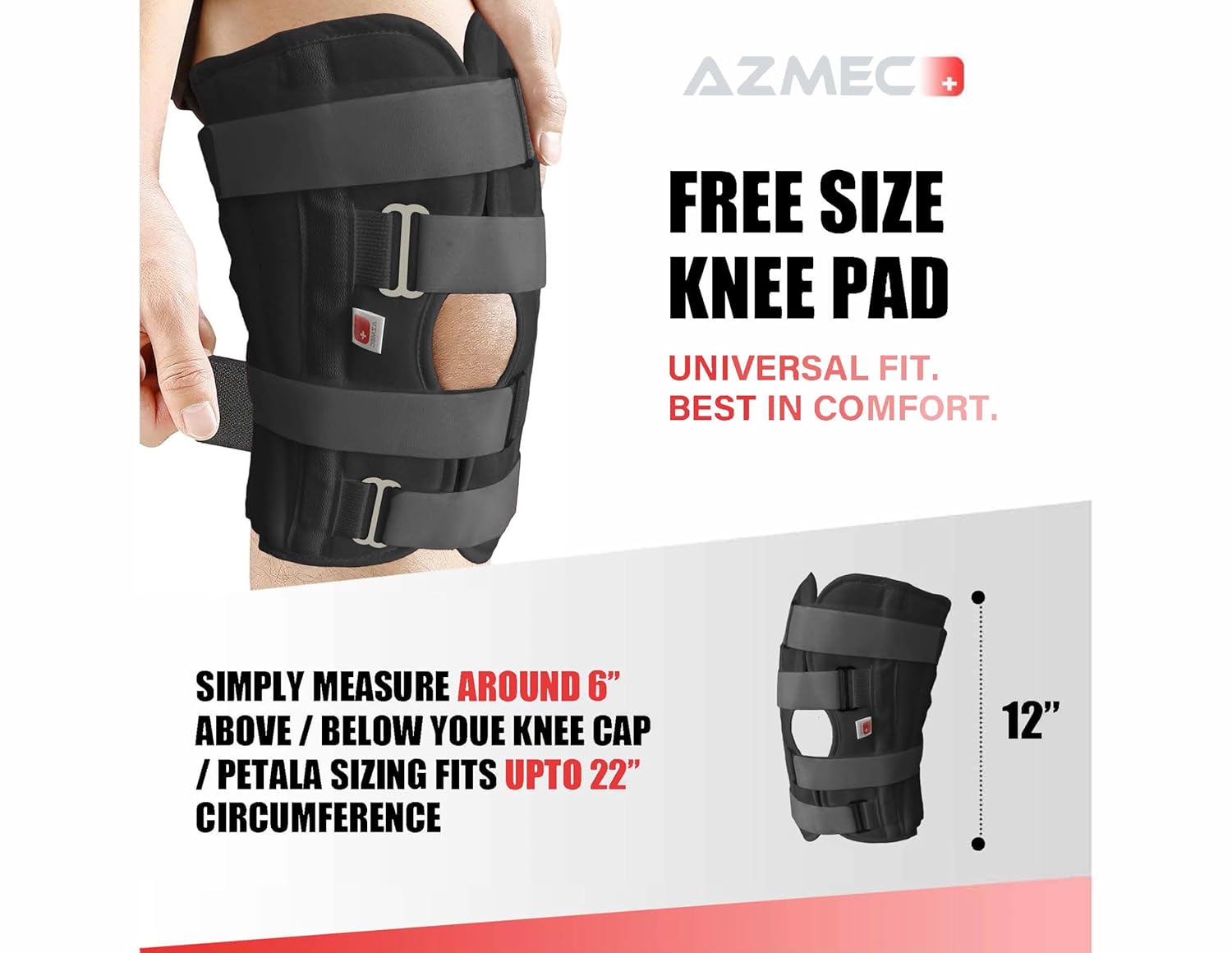 Azmec Straight Leg Brace Tri-Panel Orthopedic Knee Immobilizer 12" Long Adjustable Side Panels Knee Splint – Lightweight Universal Leg Brace for Teenager, Women and Men - Black