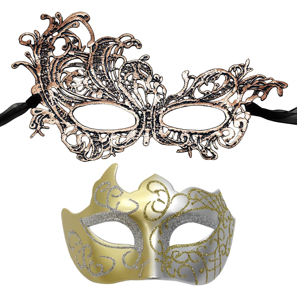 HATFRYF 2 Pcs Masquerade Mask, Masquerade Masks for Couples, Halloween Costume Mardi Gras Mask, for Masquerade Venetian Carnival Party Dress (Gold)