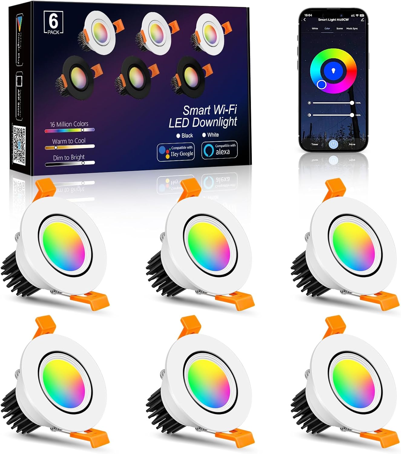 Smart WiFi 2 Inch LED Downlight, 5W RGBCW Recessed Light 2700K-6000K, Dimmable COB Color Changing, Compatible with Alexa/Google, LED Driver Included, 6 Pack