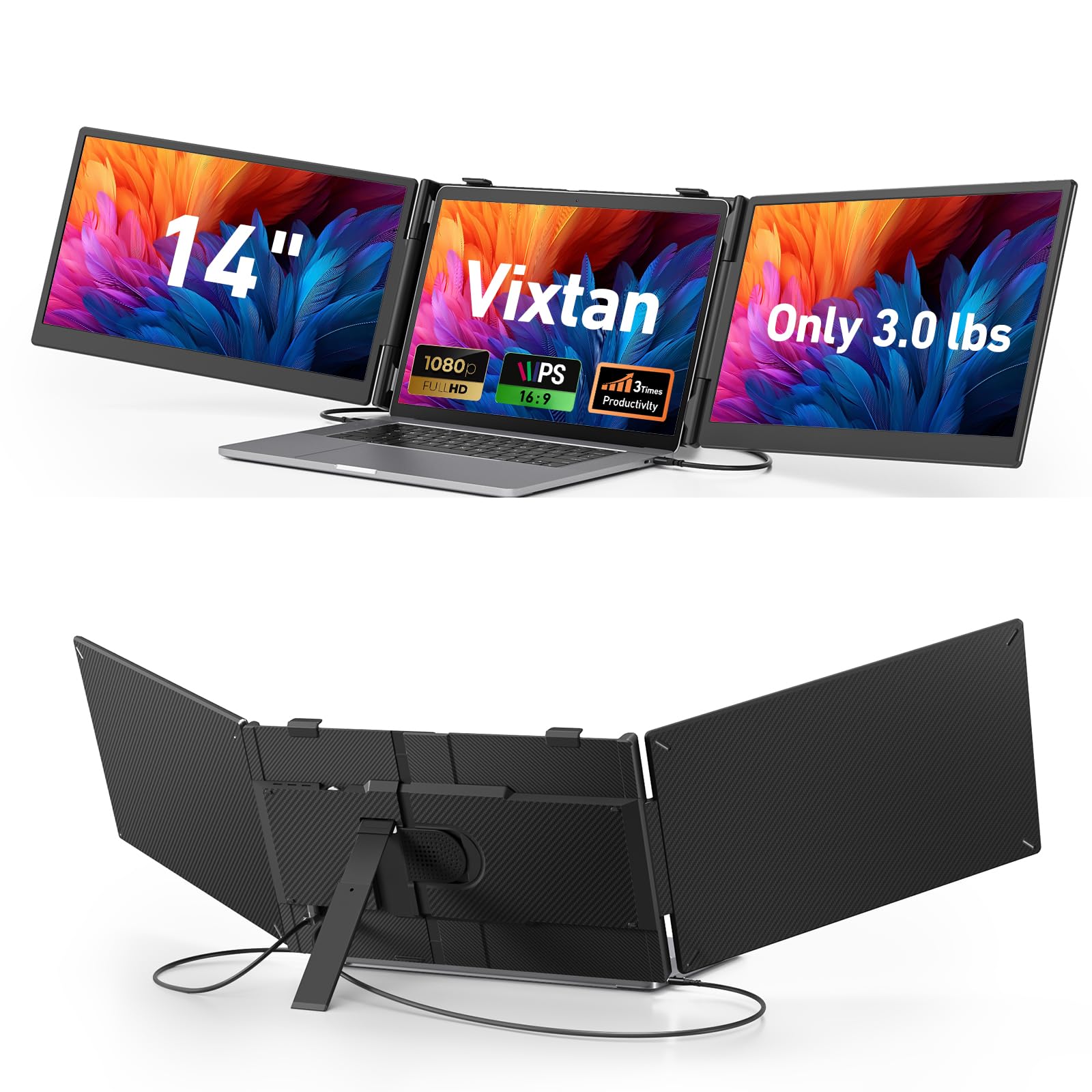 Vixtan 14" Triple Laptop Screen Extender, 3.0 lbs Lightweight FHD IPS Portable Monitor for Laptop, USB-C Plug & Play Multi Screen Attachment for 13-17.3" laptops with Windows/Mac/Chrome - 2