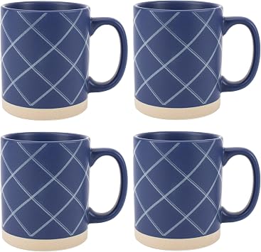 Elanze Designs Modern Plaid Raw Clay Bottom Navy Blue 16 ounce Ceramic Coffee Mugs Set of 4