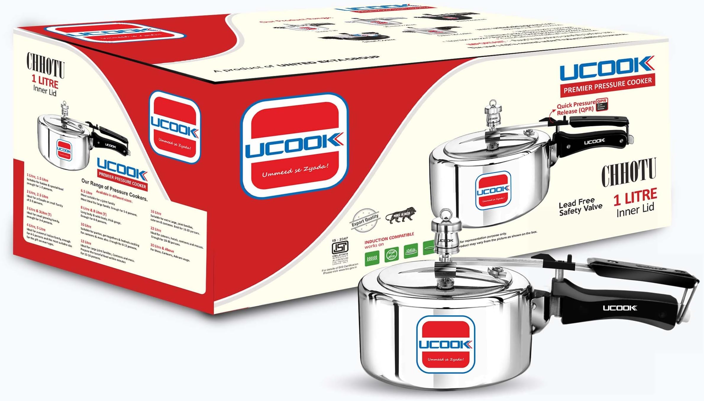 UCOOK By UNITED Ekta Engg. Chhotu 1 Litre Induction Inner Lid Aluminium Pressure Cooker, Silver