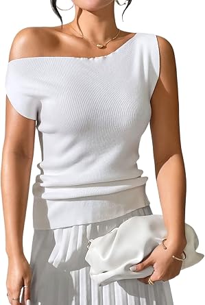 Womens Tank Tops Off Shoulder Ribbed Knit Summer Tops Sexy Slim Fit Sleeveless Shirts