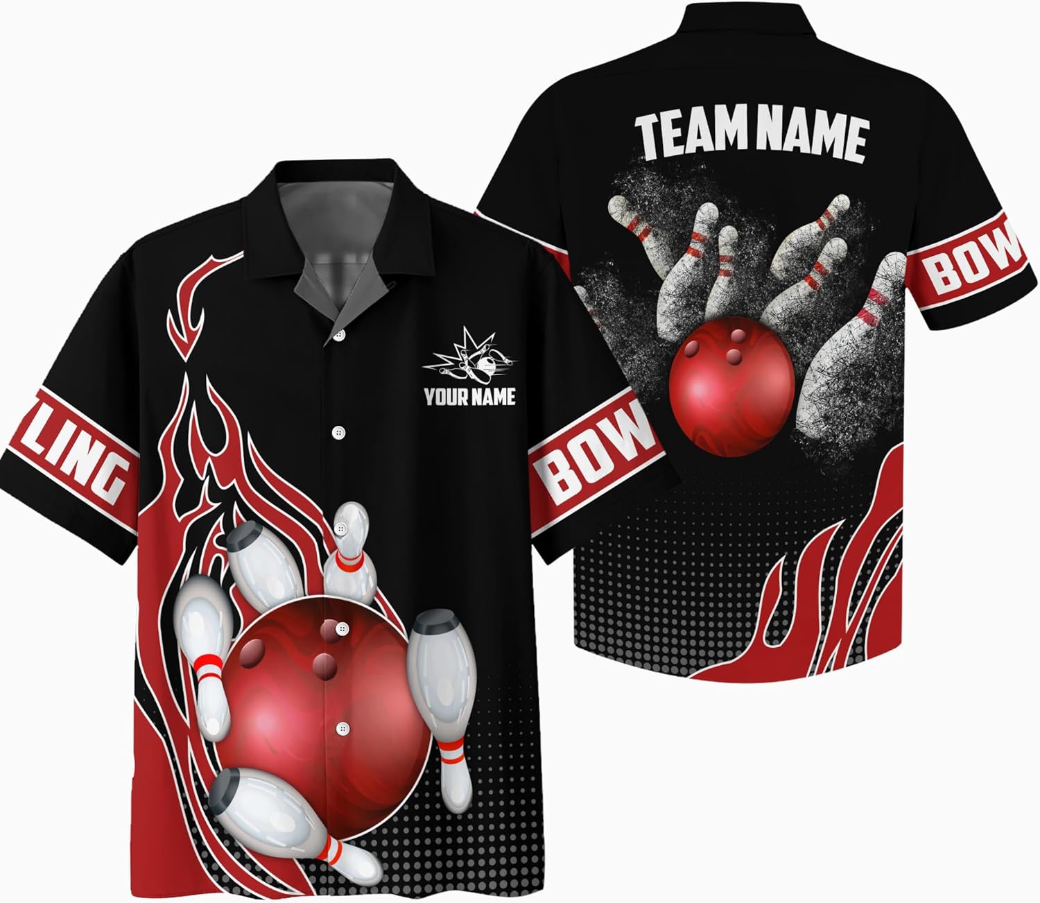 Custom Bowling Team Hawaiian Shirt 3D Button Down Shirt with Red Bowling Ball on Fire Graphic On it for Bowler