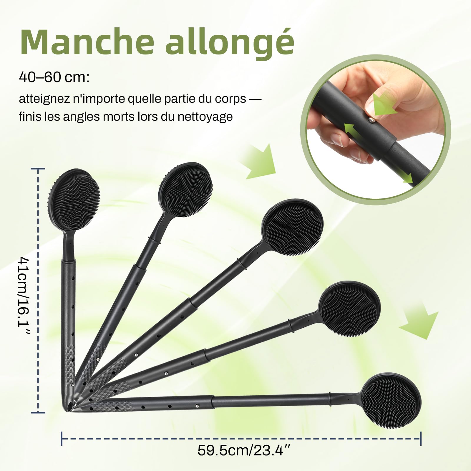 Brosse de dos télescopique avec manche long de 58,5 cm, brosse de bain pour la douche, brosse de douche double face pour le gommage et la massage