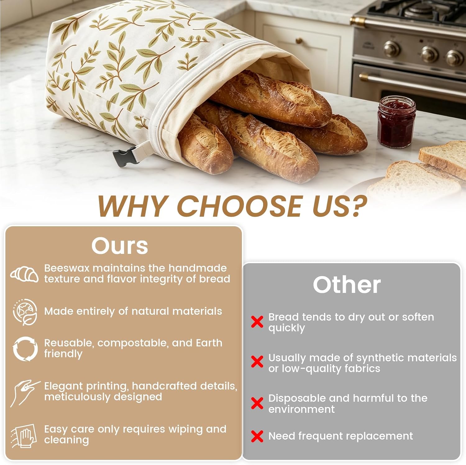 Reusable Beeswax Bread Bags for Sourdough, XL Eco-Friendly Fresh Food Storage with Zipper(13x17in, 2 Pack) | Keep Loaves Fresh Longer, Freezer Safe & Airtight, Natural, Zero Waste