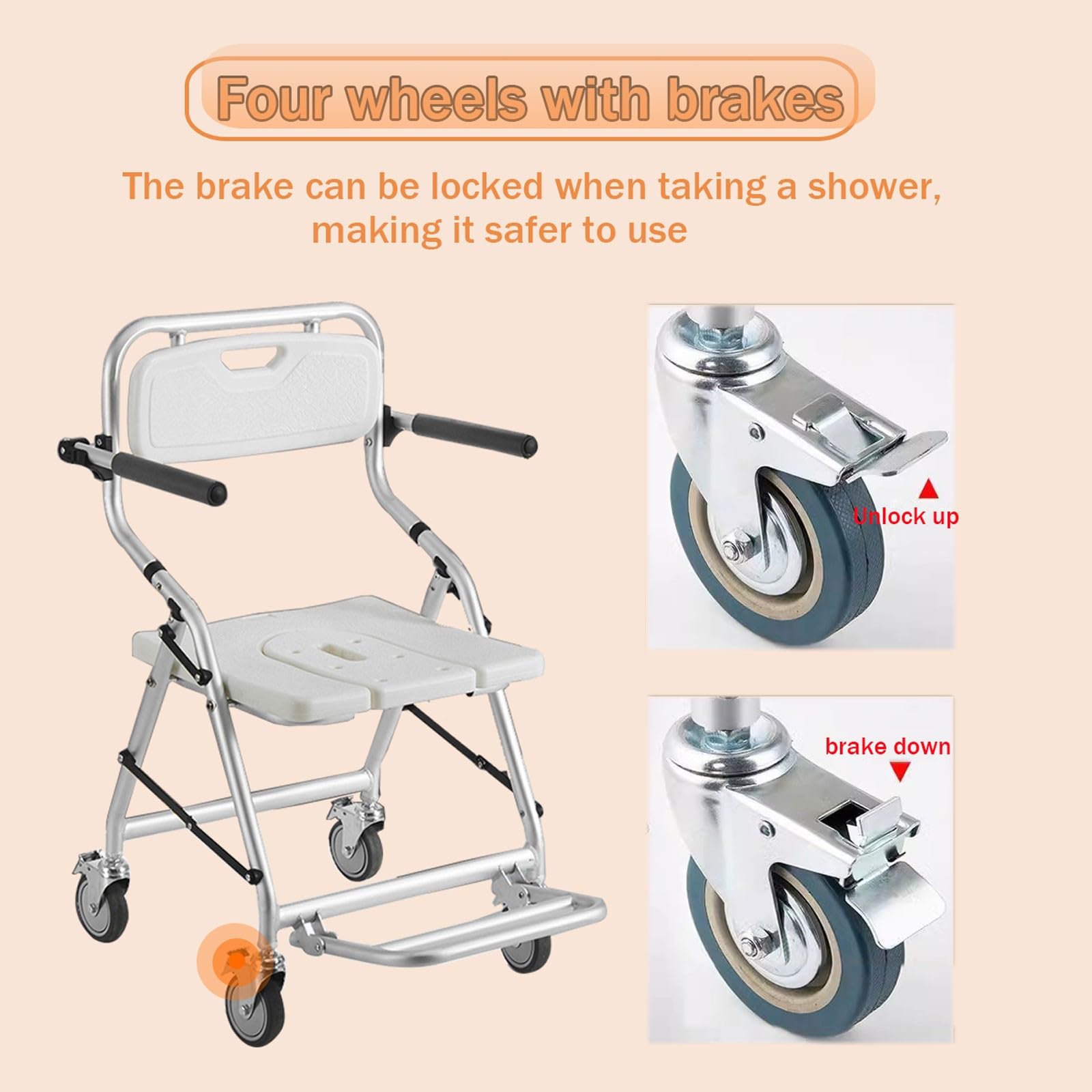 Silla de Ducha con Ruedas Plegable, Silla de Baño para Mayores con Ruedas y Frenos, Taburete de Ducha de Aluminio para Uso de Personas Mayores con un Peso de hasta 120kg