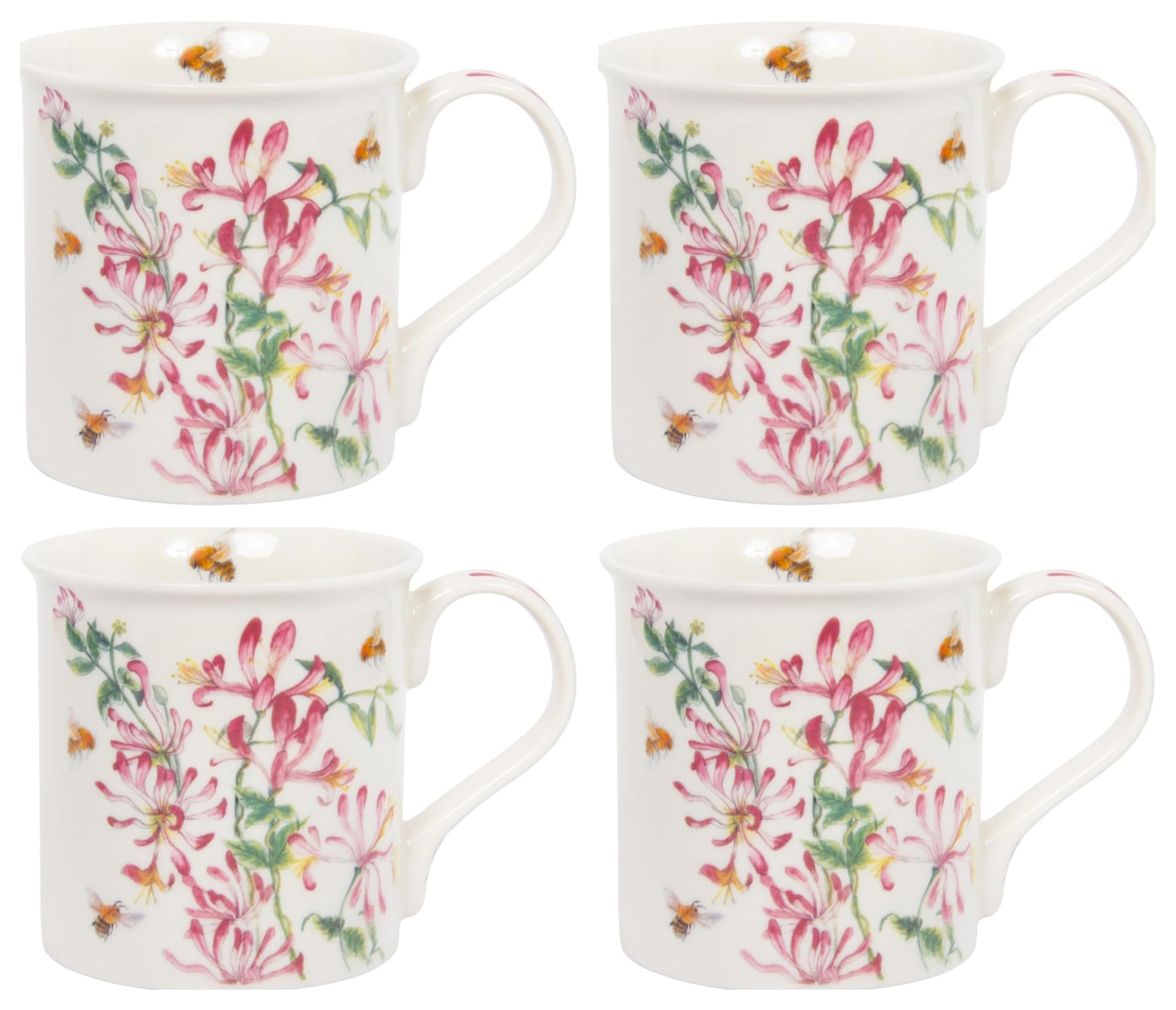 Tamersgifts Set of 4 Floral Mugs Set 300ml Fine China Coffee Tea Cups Home (Honeysuckle)