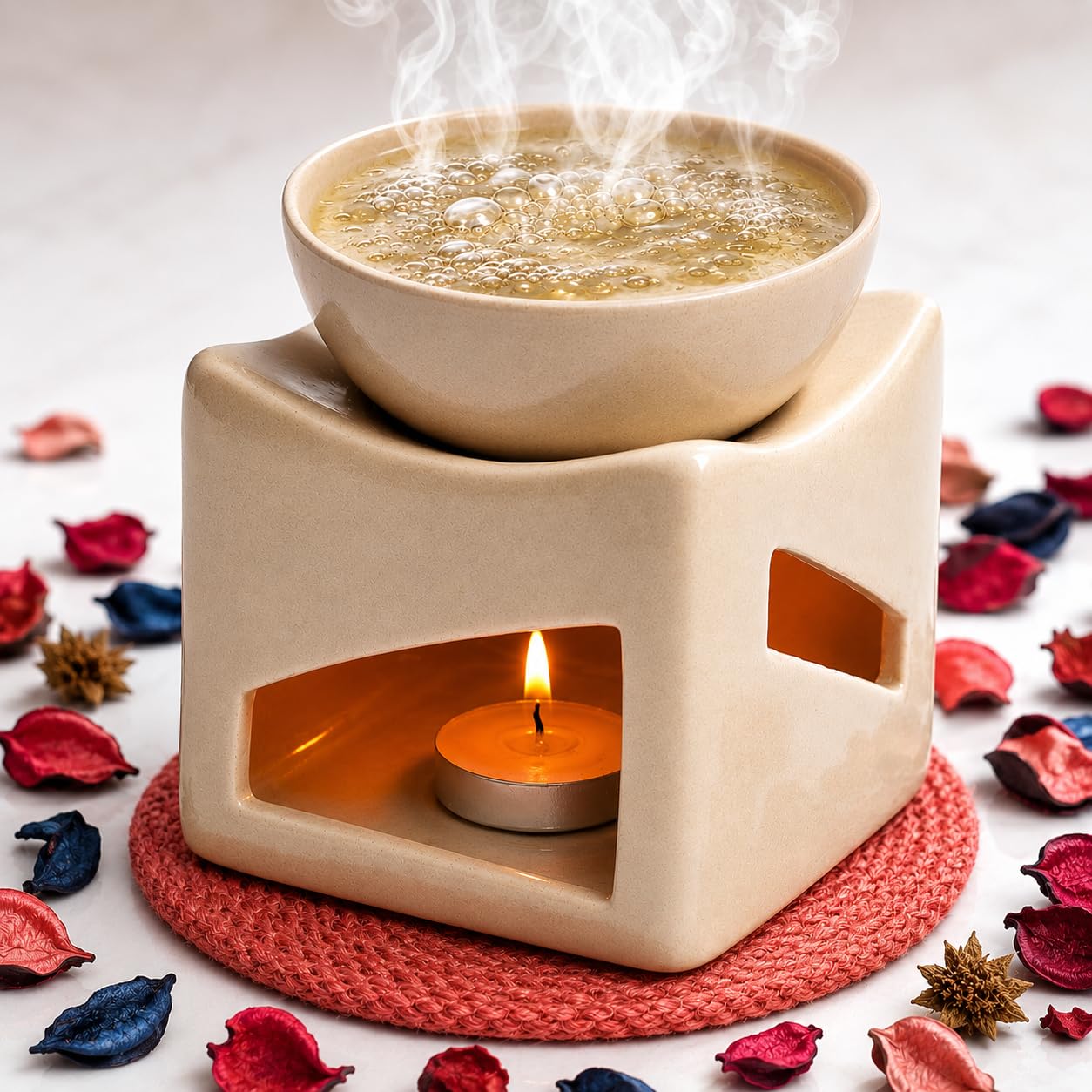 Pure Source India Ceramic Clay Candle Operated Aroma Burner Oil Diffuser, Extra Large Bowl, with 1 Tealight, 4.25 Inch, (Ivory White)-image-5