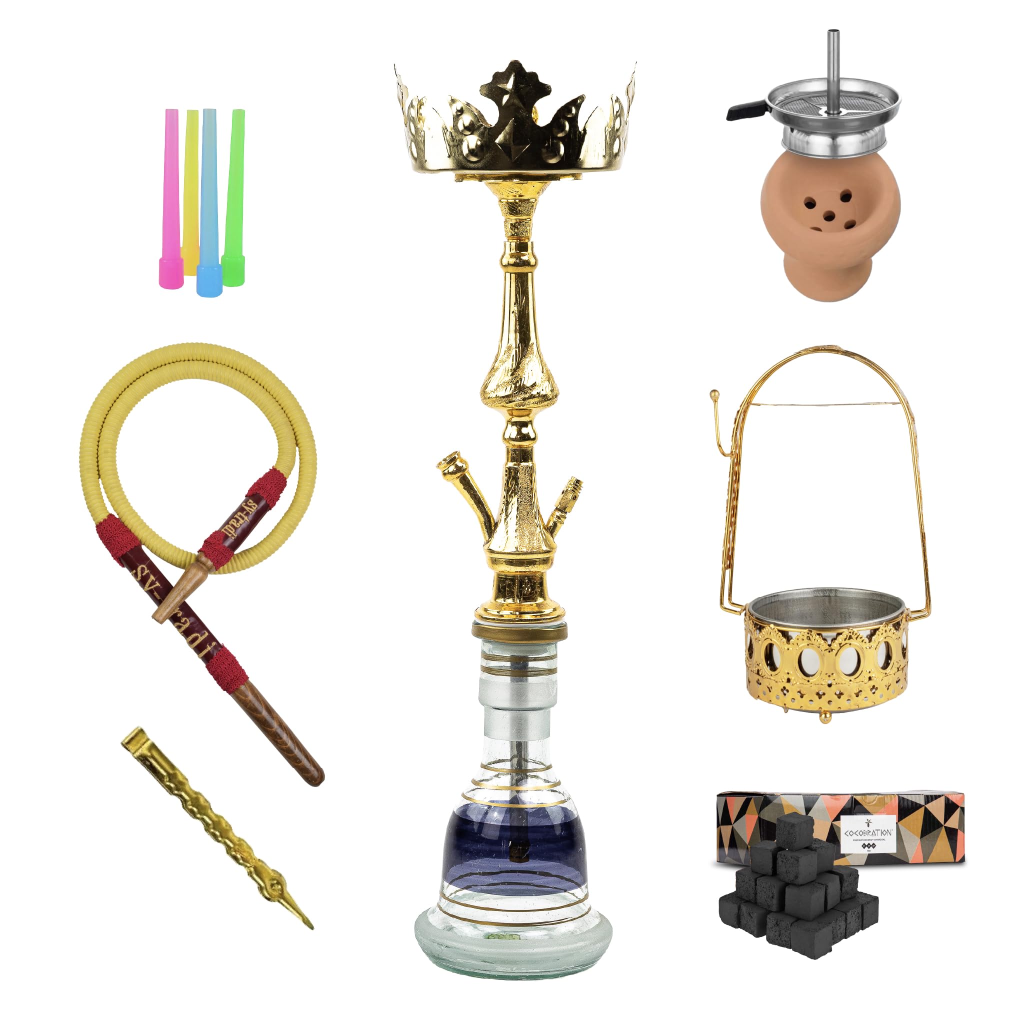 Narmer set completo narghilè in ottone inossidabile realizzato a mano, narghilè 70cm, kit shisha completo di tutti gli accessori, stile orientale, 1 kg carbone Cocobration incluso