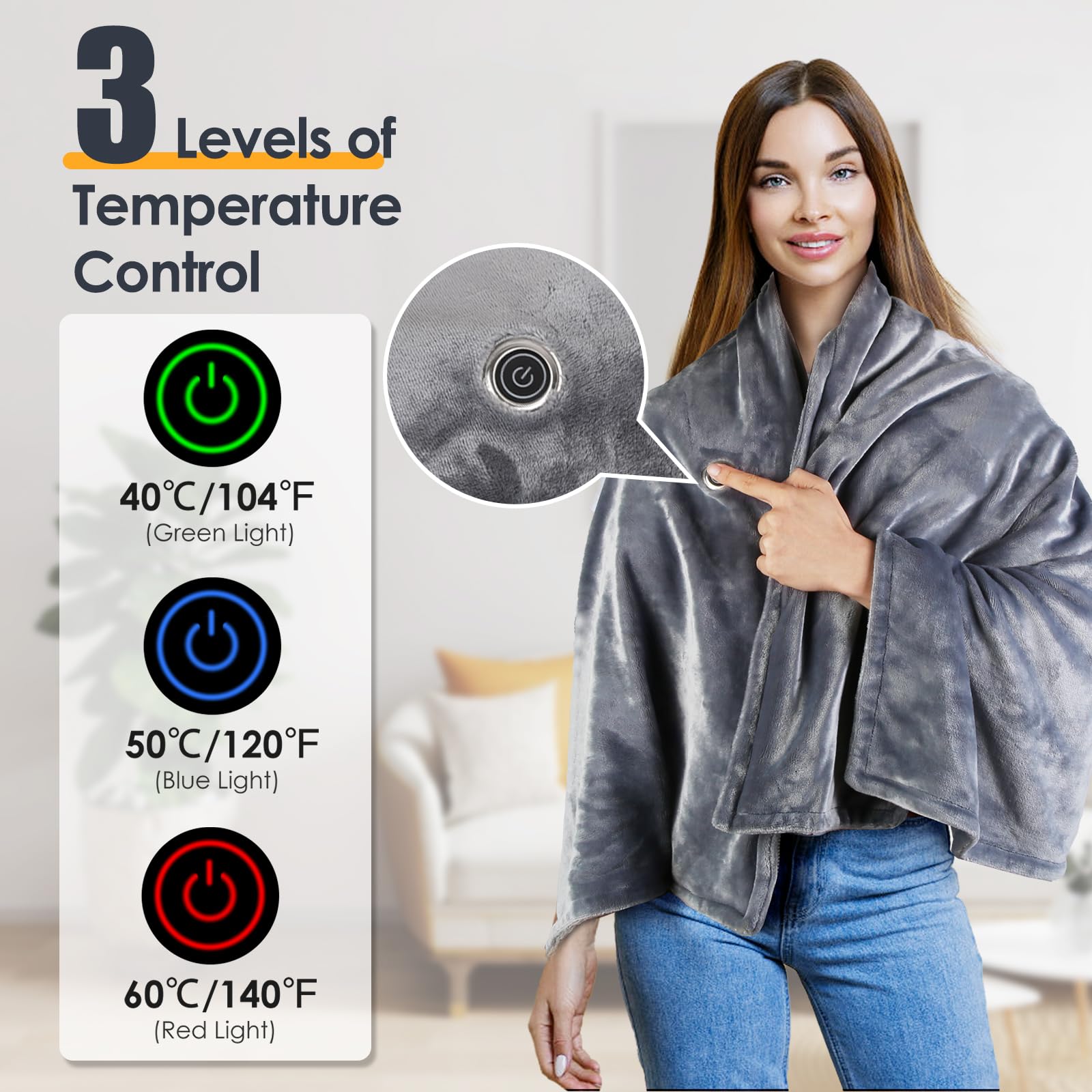 Coperta elettrica riscaldata USB, 150 x 78 cm, scialle riscaldata elettrica, coperta avvolgente con cerniera, morbida e accogliente, in flanella, regalo indossabile, per auto, ufficio, casa, viaggio