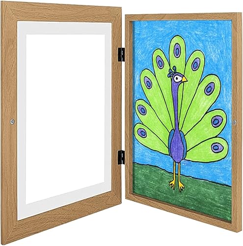 Marco de arte infantil de 8.3 x 11.8 pulgadas de carga frontal en madera, marco de almacenamiento de obras de arte para niños, pantalla