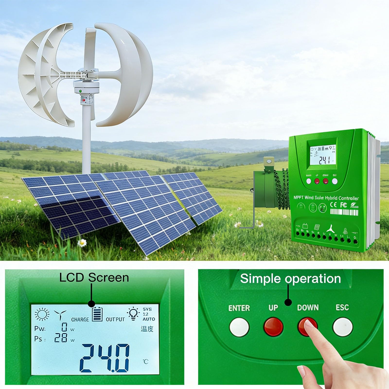 Regolatore di Carica Ibrido Solare Eolico 6000W-10000W, Batteria Automatica 24V/48V Regolatore Solare Eolico Ibrido MPPT con Display LCD e carico di Scarico Libero accurato(12V,10000W)