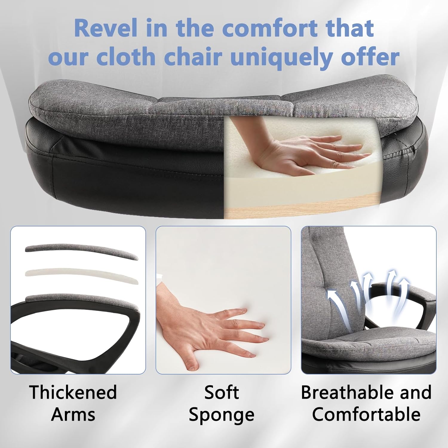 CLATINA Cloth Fabric Office Chair, 360° Swivel Rolling Desk Chair with Soft Upholstered Support Backrest, Adjustable Height Mid Back Ergonomic Computer Task Chairs with Arms and Wheels, Grey, 300LBS - Image 7