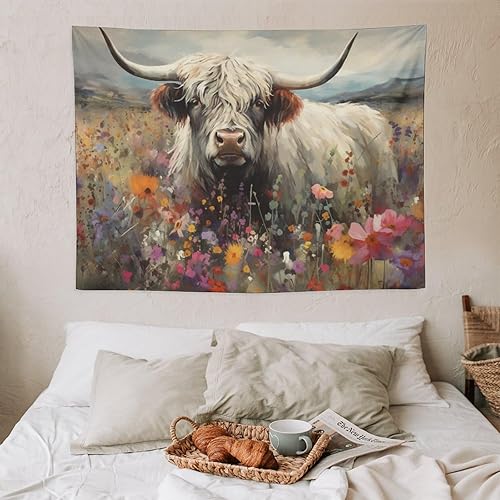 Miniatura 7 de Tapiz para colgar en la pared, decoración de dormitorio, hogar, sala de estar, tapices de arte de pared, animales de las tierras altas, vaca, flor,