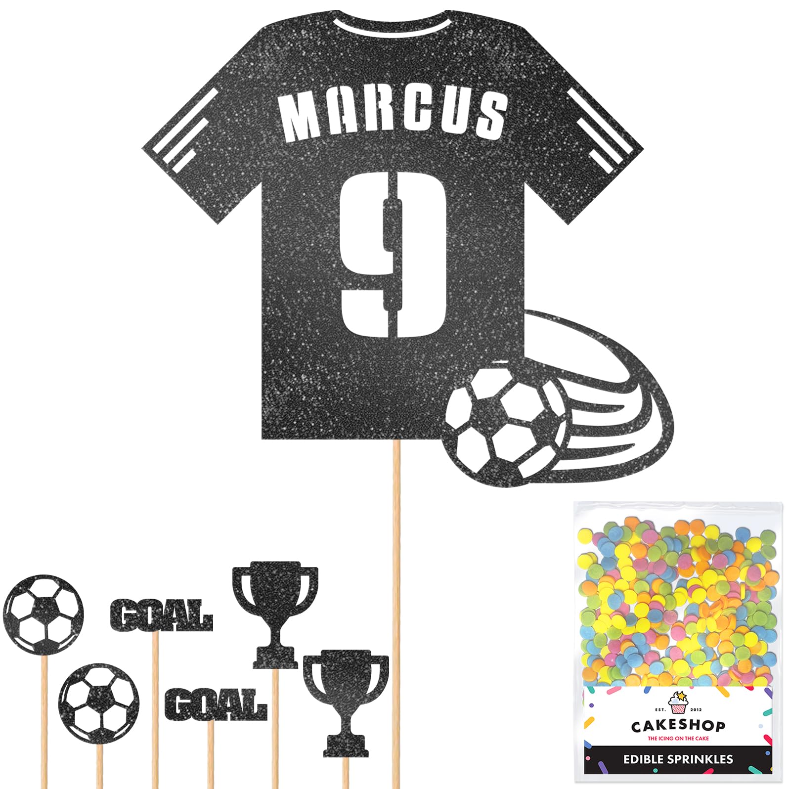 Personalised Birthday Football Kit Jersey Cake Topper- Black Any Name & Age Number Glitter Cake Decoration and Sprinkles - Happy Birthday Decorations - Personalised Toppers for Cakes by Cakeshop — image 1