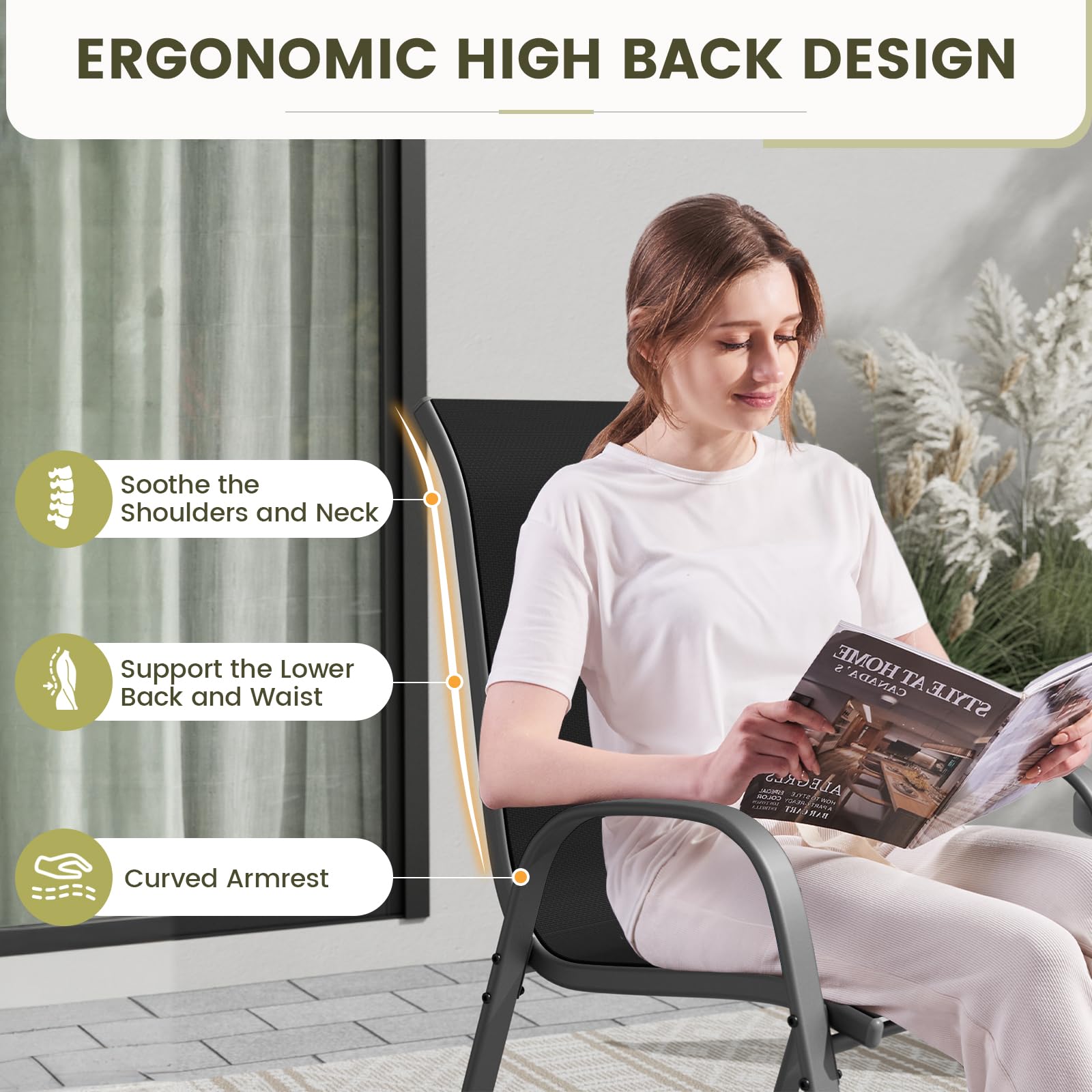 UDPATIO Set Of 4 Stackable Patio Chairs - All-Weather Textilene Fabric, 350lb Capacity, Dark Grey