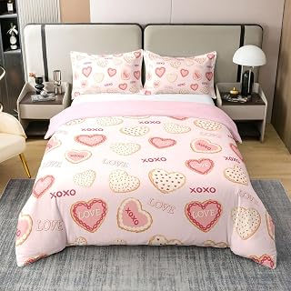 Castle Fairy Love Heart Cookie 100% Cotton Duvet Cover 3Pcs Queen Size | Happy Valentine's Day for Girls Youth Room Decor,Sweet XOXO Comforter Cover Romantic Pink Quilt Cover,2 Pillowcases
