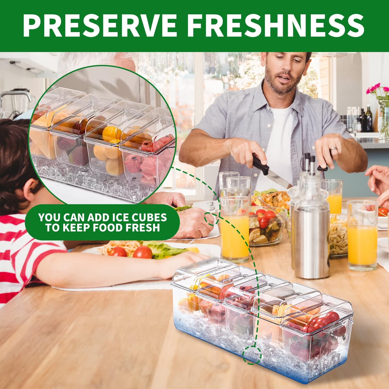 DYUEE Bac à condiments glacé avec 5 récipients, plateau transparent réutilisable avec couvercle avec 5 compartiments amovibles, 5 fourchettes et 3 clips, pour bol de service à glace, fruits, collation