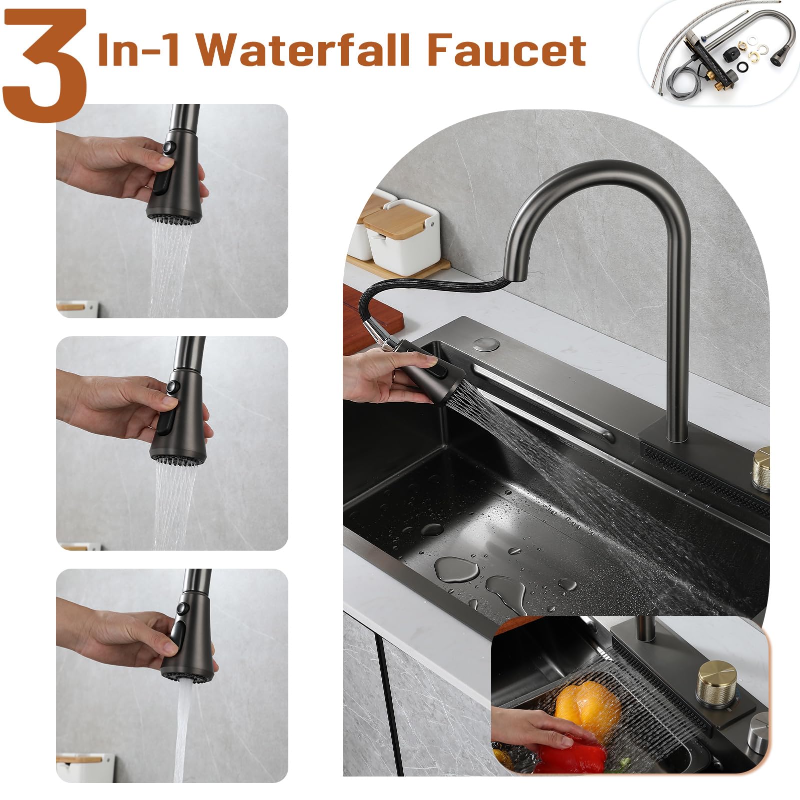 85x45cm Multifunktionale Edelstahl Küchenspüle, Tiefes Wasserfall Barspüle, 1 Becken Aufsatzspüle Für Den Hausgebrauch, Gläserspüler und Abflusskörbe, Abtropfkorb Und Zubehör