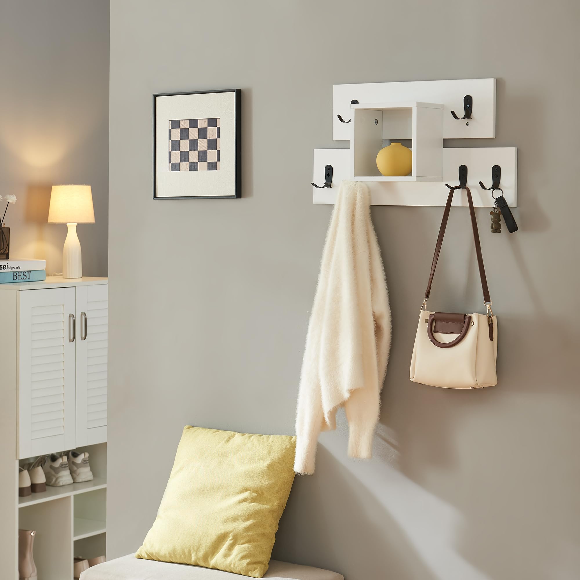 [en.casa] Perchero Mural Vänd con 6 Ganchos Dobles Perchero de Entrada Mueble Recibidor con Compartimento Abierto 32 x 60 x 14 cm - Blanco