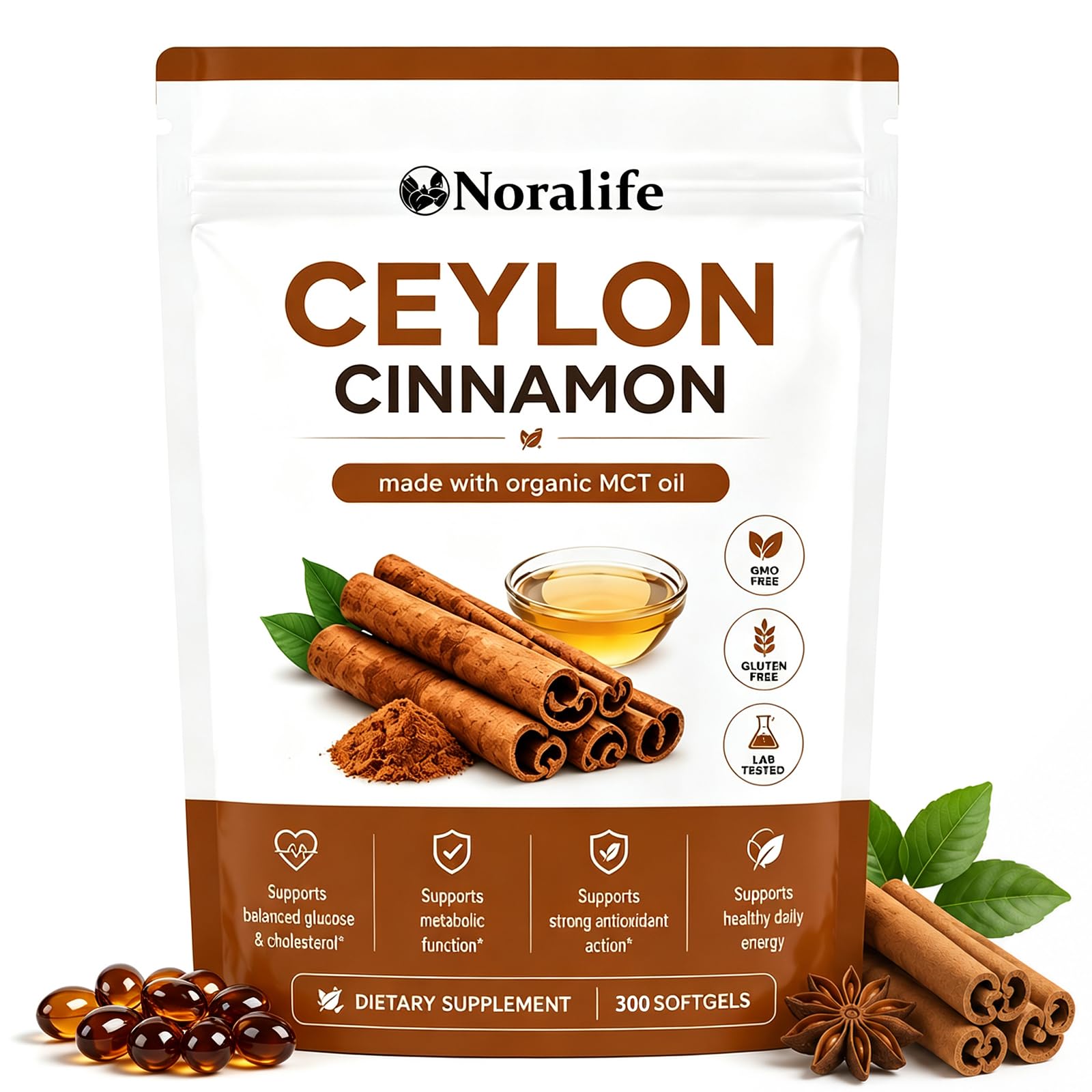Noralife Ceylon Cinnamon, 300 Softgels, with MCT Oil Supplements Softgels for Daily Wellness Support, Non-GMO, Gluten Free, Energy & Metabolism Support, Large Granule Softgels