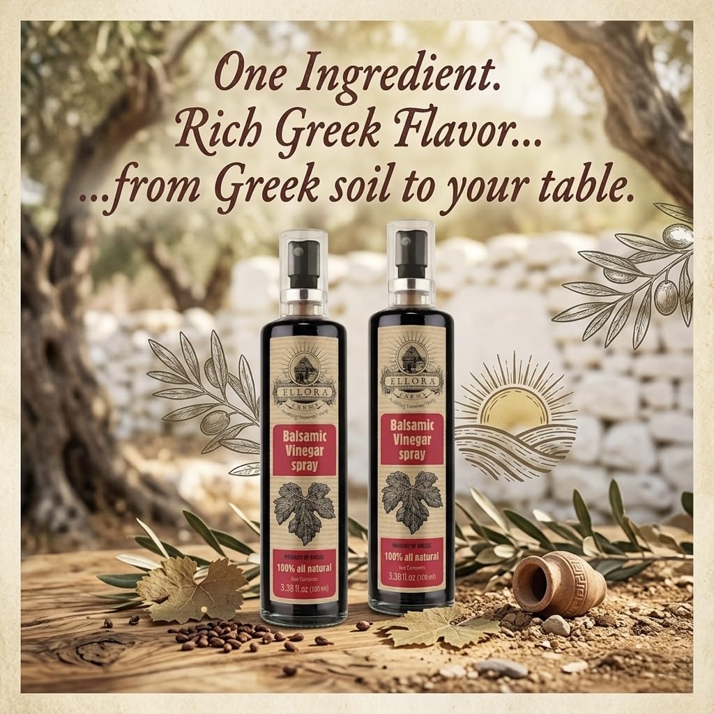 Ellora Farms, Balsamic Vinegar Spray bottle, clog-free pump, barrel aged, Greece, 3.38 oz X 2 Glass bottles in Handcrafted Wooden Gift Box