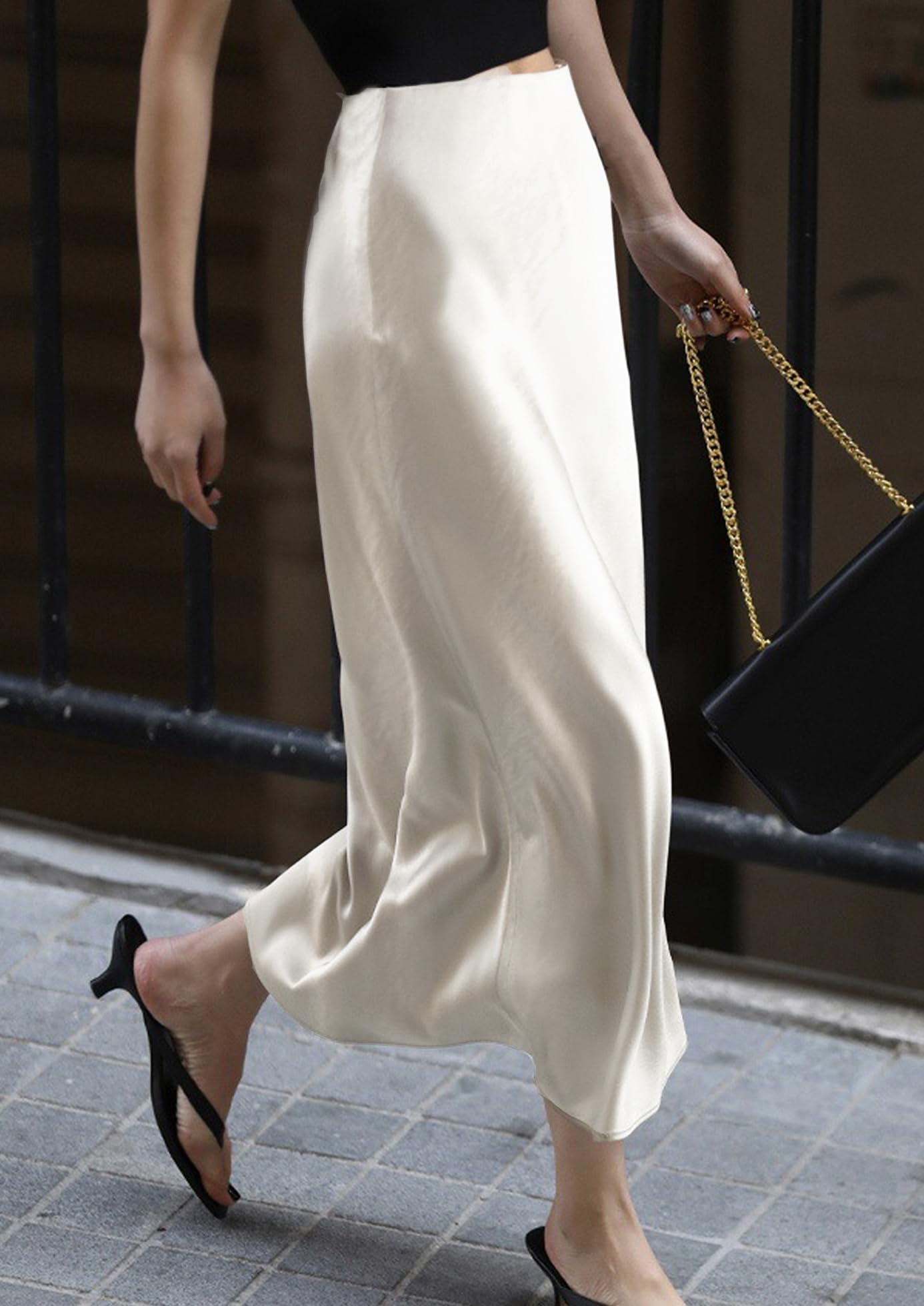 Falda de Satén para Mujer Cintura Alta Elástica Midi Casual A-Línea con Cremallera Elegante Larga Maxi Plisada Fiesta Otoño