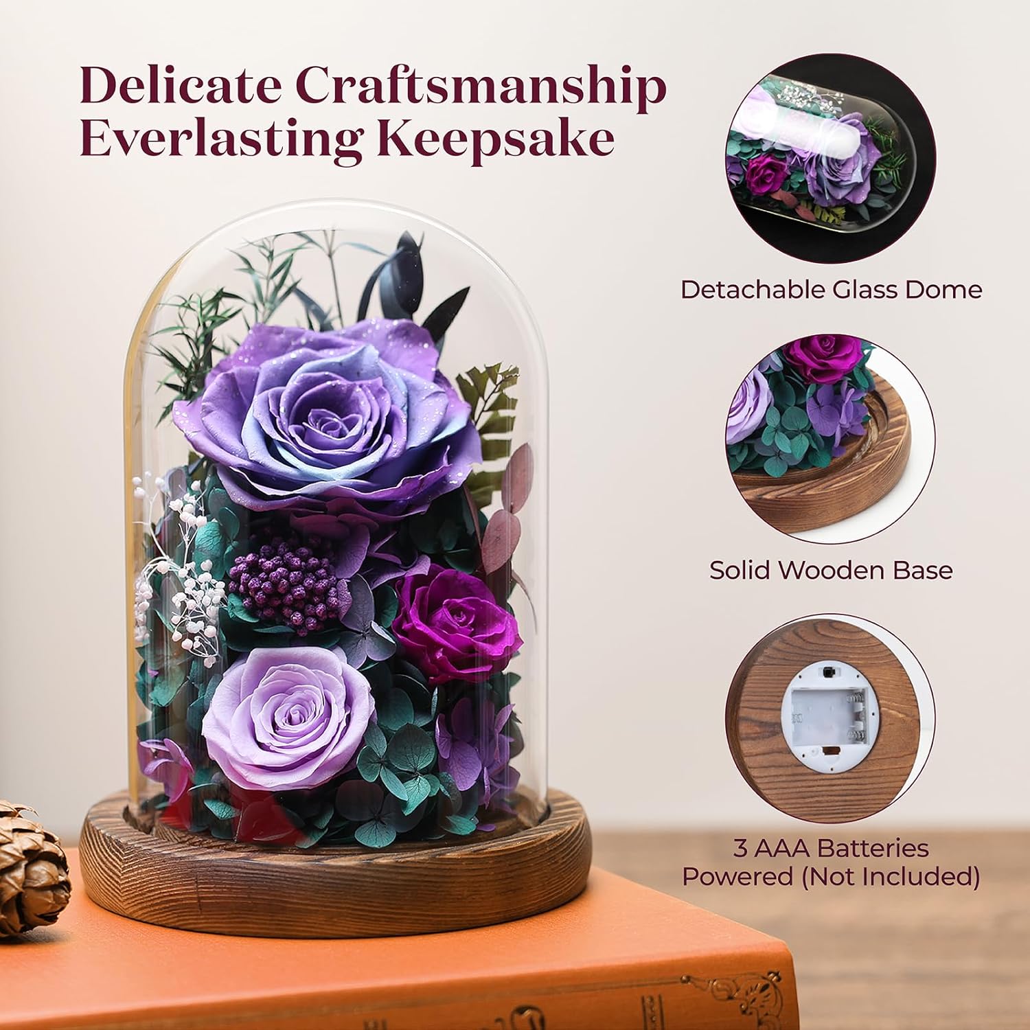 Valentine's Day Flowers Gifts for Her - Preserved Rose in Glass Dome with LED Light, Forever Fresh Flowers Bouquet for Delivery as Birthday Gifts for Women, Mom, Grandma, Friend, Wife - Purple - Image 3