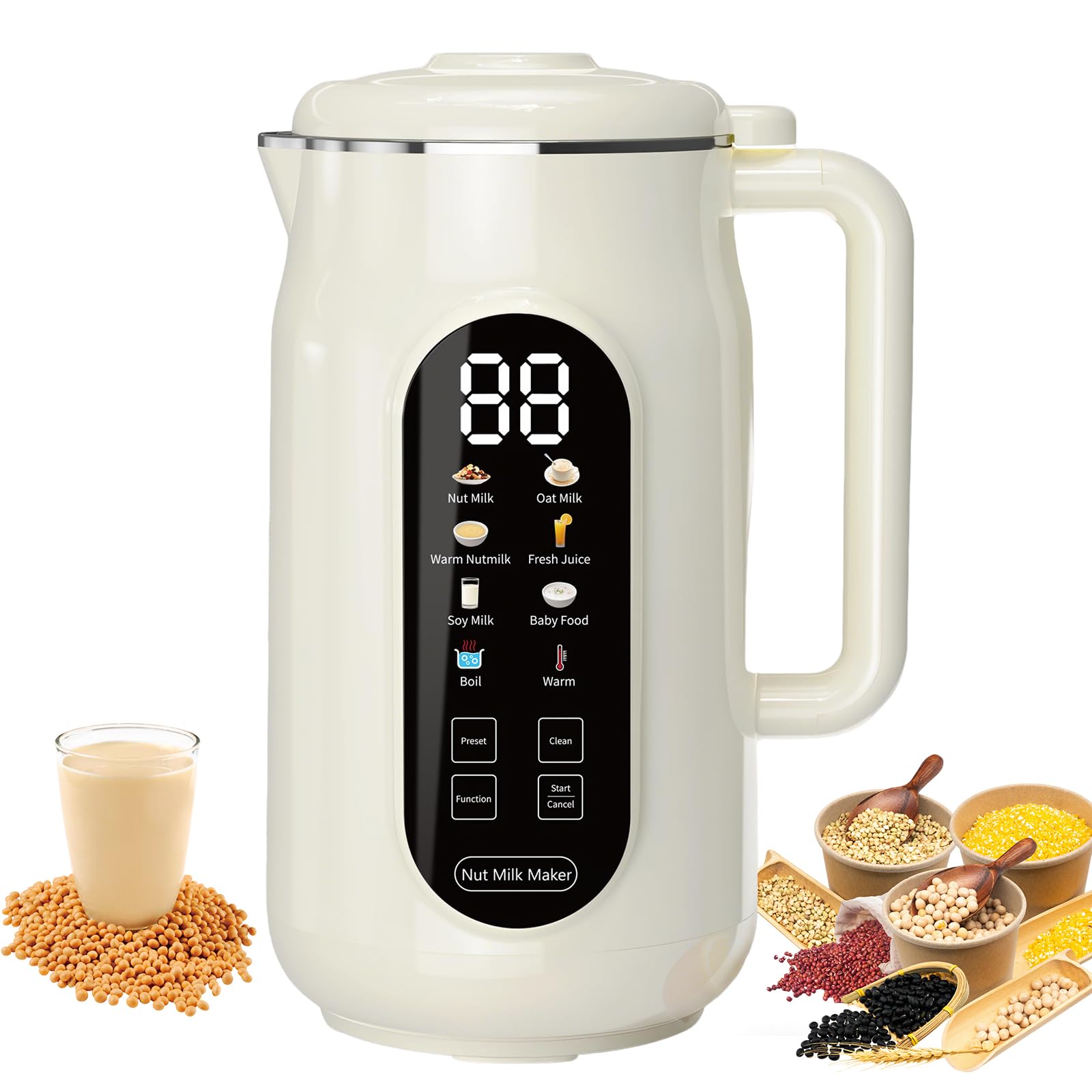 Maszyna do robienia mleka orzechowego, automatyczny blender ze stali nierdzewnej o pojemności 1,2 l z ekranem LED, timerem 12-godzinnym i automatycznym czyszczeniem, do mleka owsianego z nerkowców