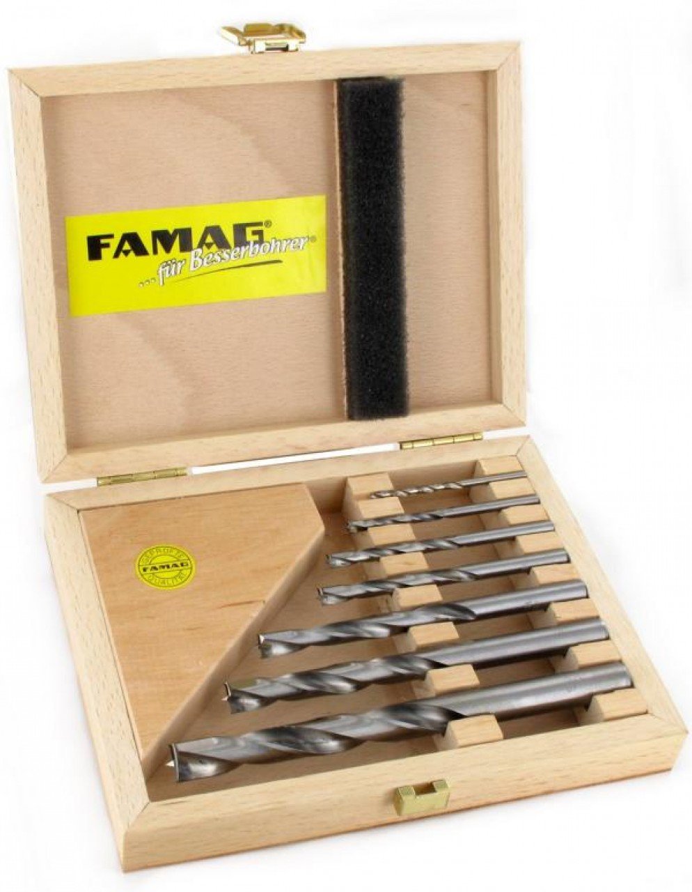 Famag 1593.507 Jeu de 7 forets hélicoïdaux en bois dans une boîte en bois 3, 4, 5, 6, 8, 10 et 12 mm