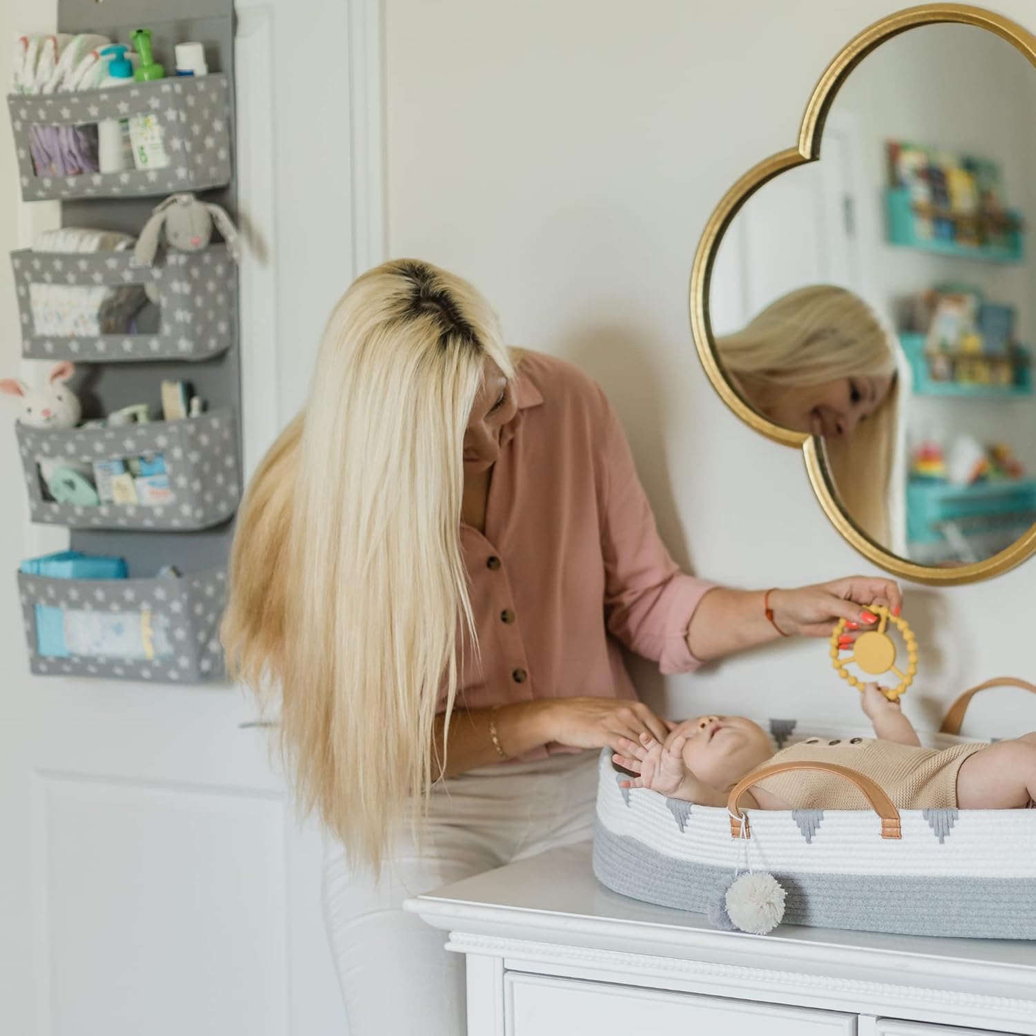 71GkA9qajQL._AC_SL1500_ Vesta Baby Over Door Hanging Organiser with Hooks - Unisex Space Saving 4 Pocket Storage for Bathroom, Children's Room, Nursery - Clear Window Caddy Hanger - 2 Small Items Utility Pockets