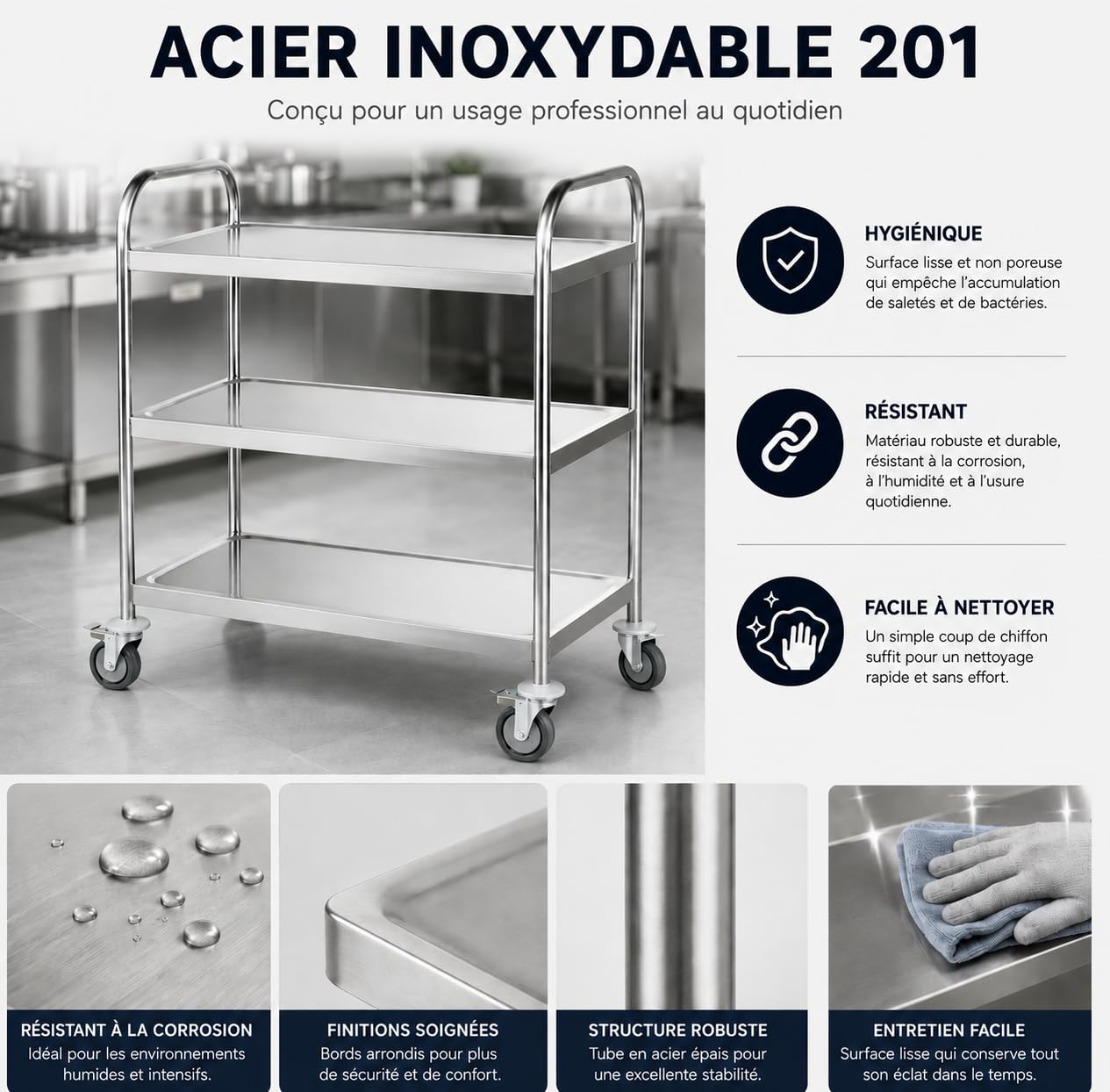 Chariot de Service INOX Professionnel 3 Niveaux – 84,5 x 52,5 x 94 cm – Charge 150 kg – 4 Roues Pivotantes 2 avec Freins – Desserte INOX Cuisine Professionnelle, Restaurant, Collectivité