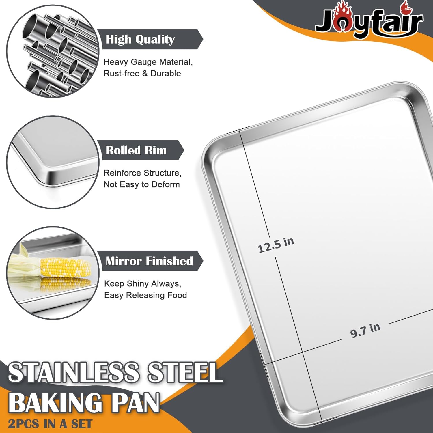 12.5Inch Baking Sheet Pan Set (2Pcs), Joyfair Stainless Steel Cookie Sheets, Commercial Metal Pans Toaster Oven Tray Bakeware for Jelly Roll/Bread/Bacon, Heavy Gauge, Rust-free & Dishwasher Safe