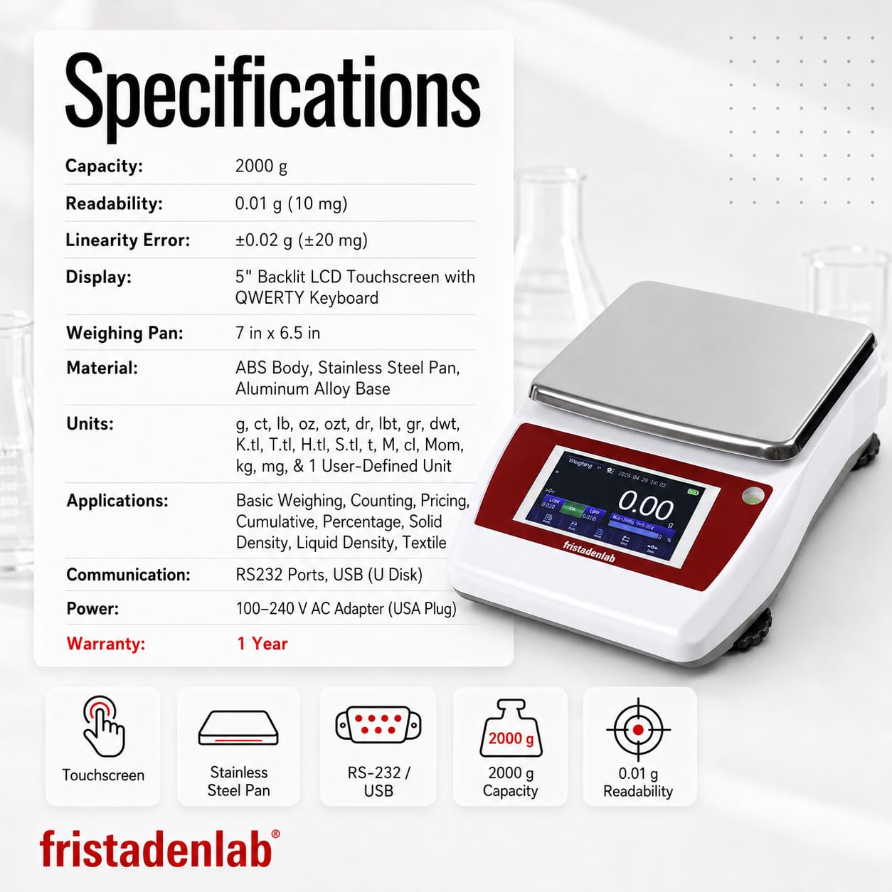 Fristaden Lab Balanza de precisión con pantalla táctil | Báscula de