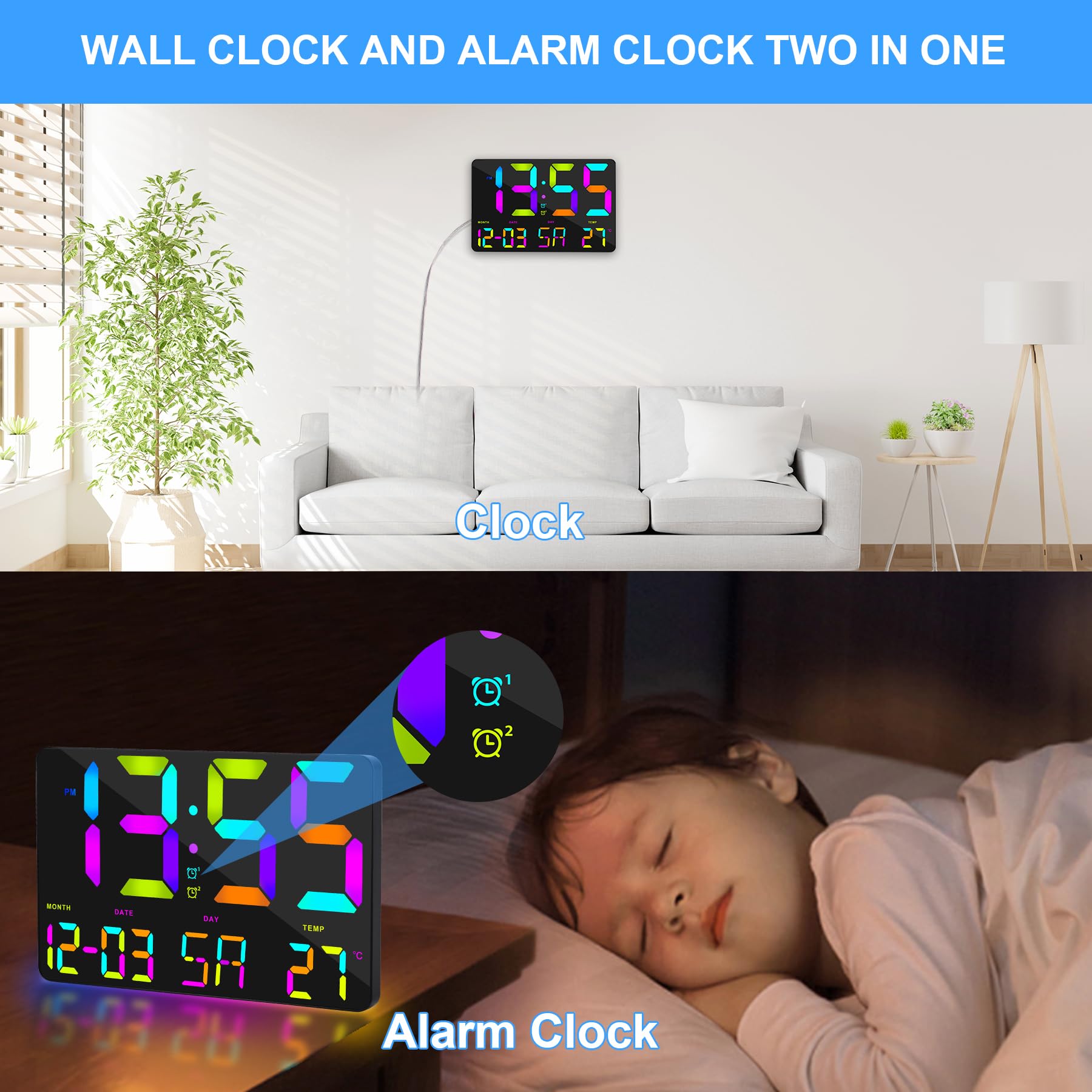 PiKaPiKaP RGB digitale wekker, 9,6 inch digitale wandklok, USB-voeding, alarmklok, led-display met afstandsbediening, 3 alarm, 3 inch grote cijfers, snooze, 12/24 uur voor thuis, kantoor, keuken