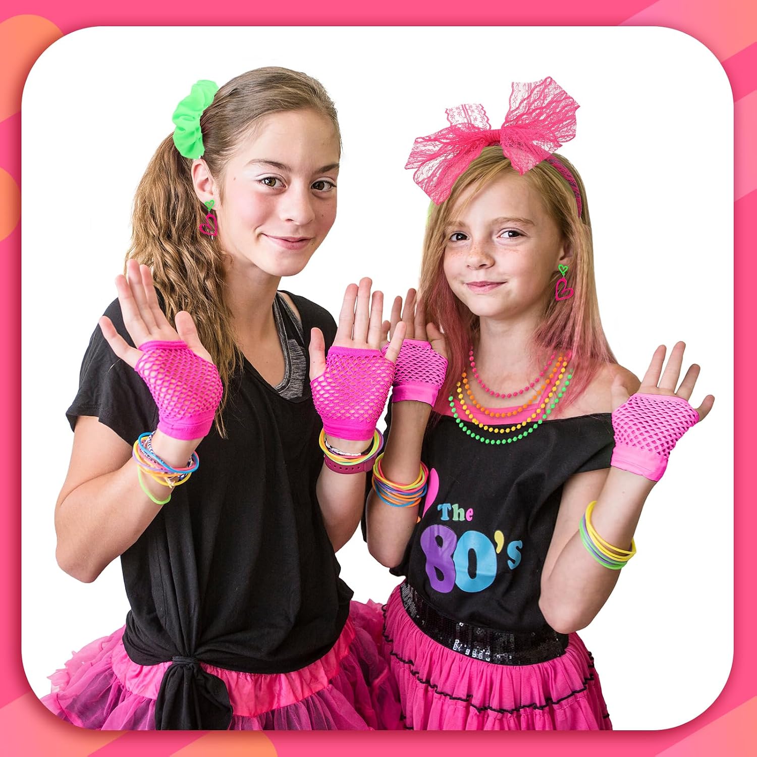 80s Fancy Dress Costume Accessories Vibrant Neon Outfits | Lace Headband Fishnet Gloves Necklace Bracelets Earrings Scrunchies for Party Halloween Theme Costumes Cosplay