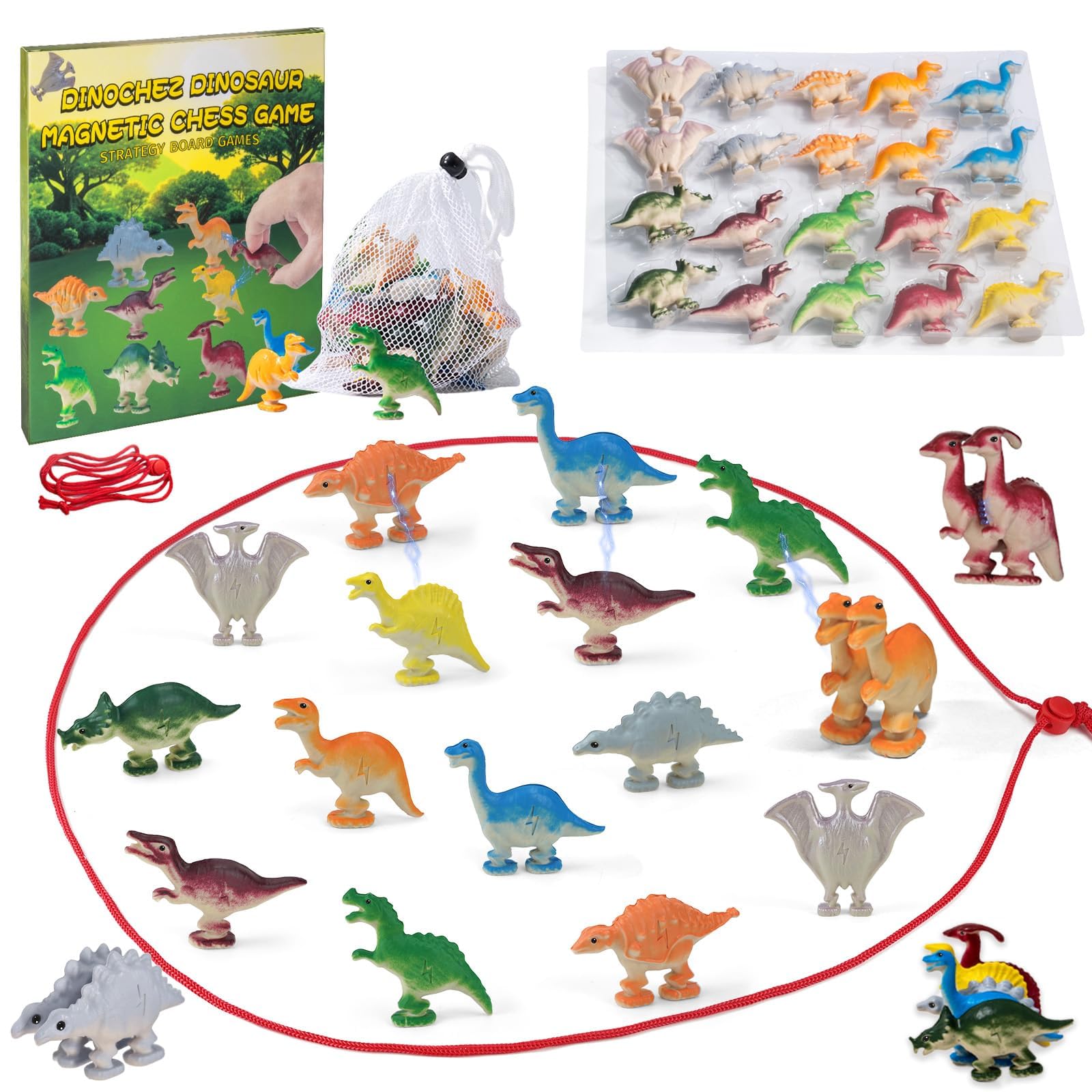 Dinosaur Magnetic Chess Game, 20 Pcs Dinosaur Stones Magnet Game with String, Party Bag Fillers Easter Gifts for Kids, Battle Strategy Family Board Games Chess Set for Kids Adults