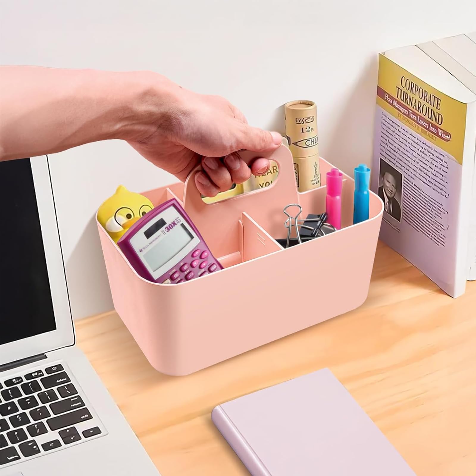 Organizer na kosz z uchwytem, 5 przegródek, 25 x 15,3 x 17 cm, pudełko do przechowywania z tworzywa sztucznego, kosze do układania w stos, z uchwytem, przenośny organizer, pudełko do przechowywania