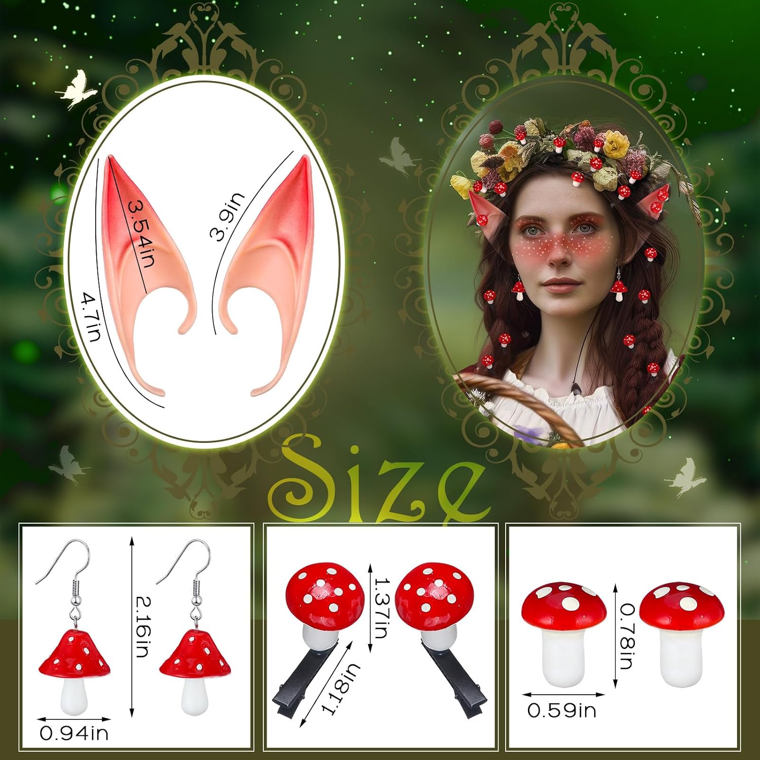 Misdary 18 Pcs Renaissance Mushroom Hair Accessories Set Clip Earrings Fairy Elf Ears Halloween Cosplay for Adult