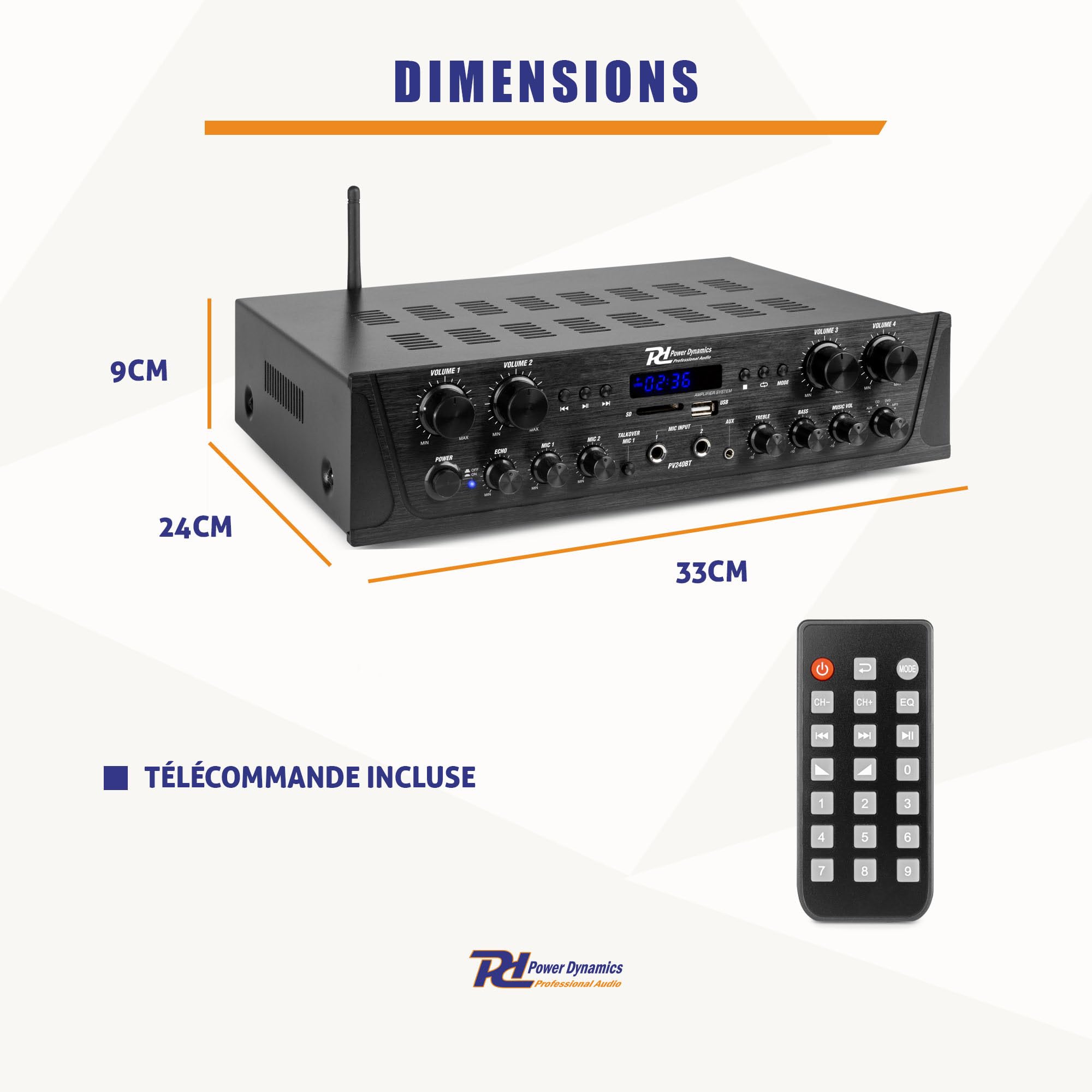 Power Dynamics PV240BT Système Audio 4 Zones 400W Amplificateur Bluetooth 8 Enceintes BGO30 Noires