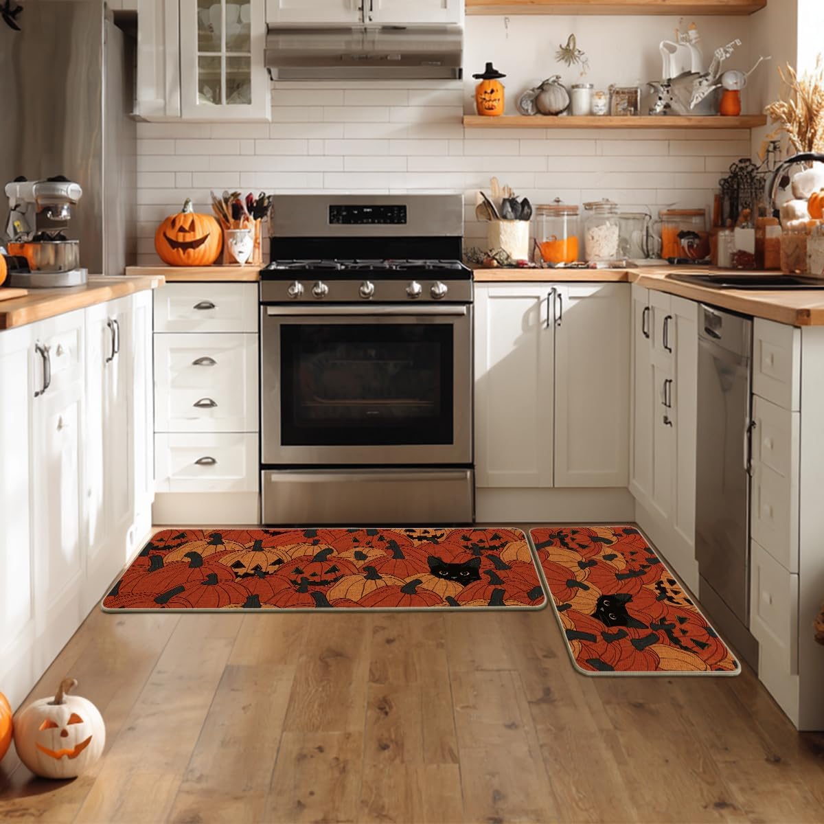 Artoid Mode Cat Jack-O'-Lantern Pumpkin Halloween Kitchen Mats Set of 2, Low-Profile Home Decor Kitchen Rugs for Floor - 17x29 and 17x47 Inch