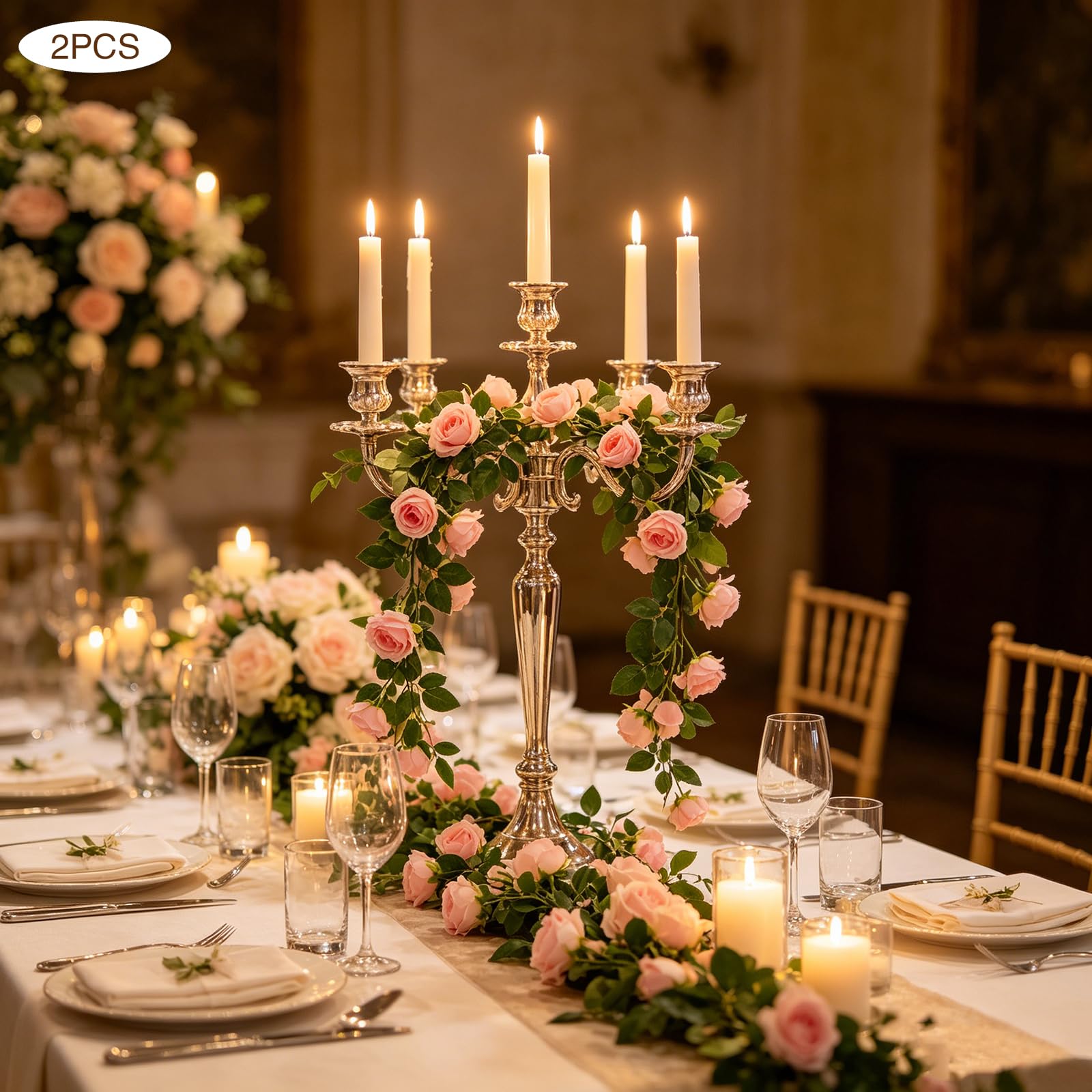 2er Set Künstliche Rosen Girlande, Seidenblumen Hochzeitsdeko(Rosa) | Champagner Rosen Girlanden mit biegsamen Stielen für Hochzeiten, Partys, Kamin, Türen und kreative Raumdekoration