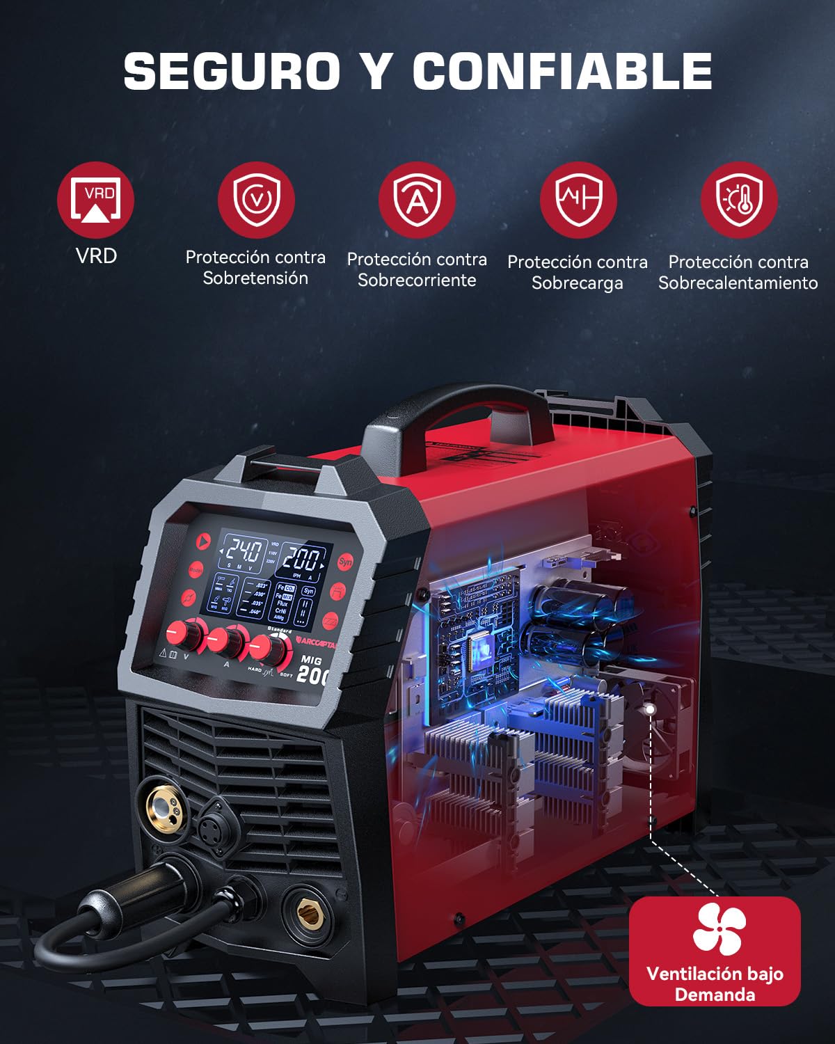 ARCCAPTAIN Soldador MIG MAG de 200A, 6 en 1 Totalmente Sinérgica, para Hilo Tubular/Sin Gas MIG/Gas MIG/MMA E-Hand/LIFT TIG/Soldadura Puntos, Soldador Inverter IGBT de 230V