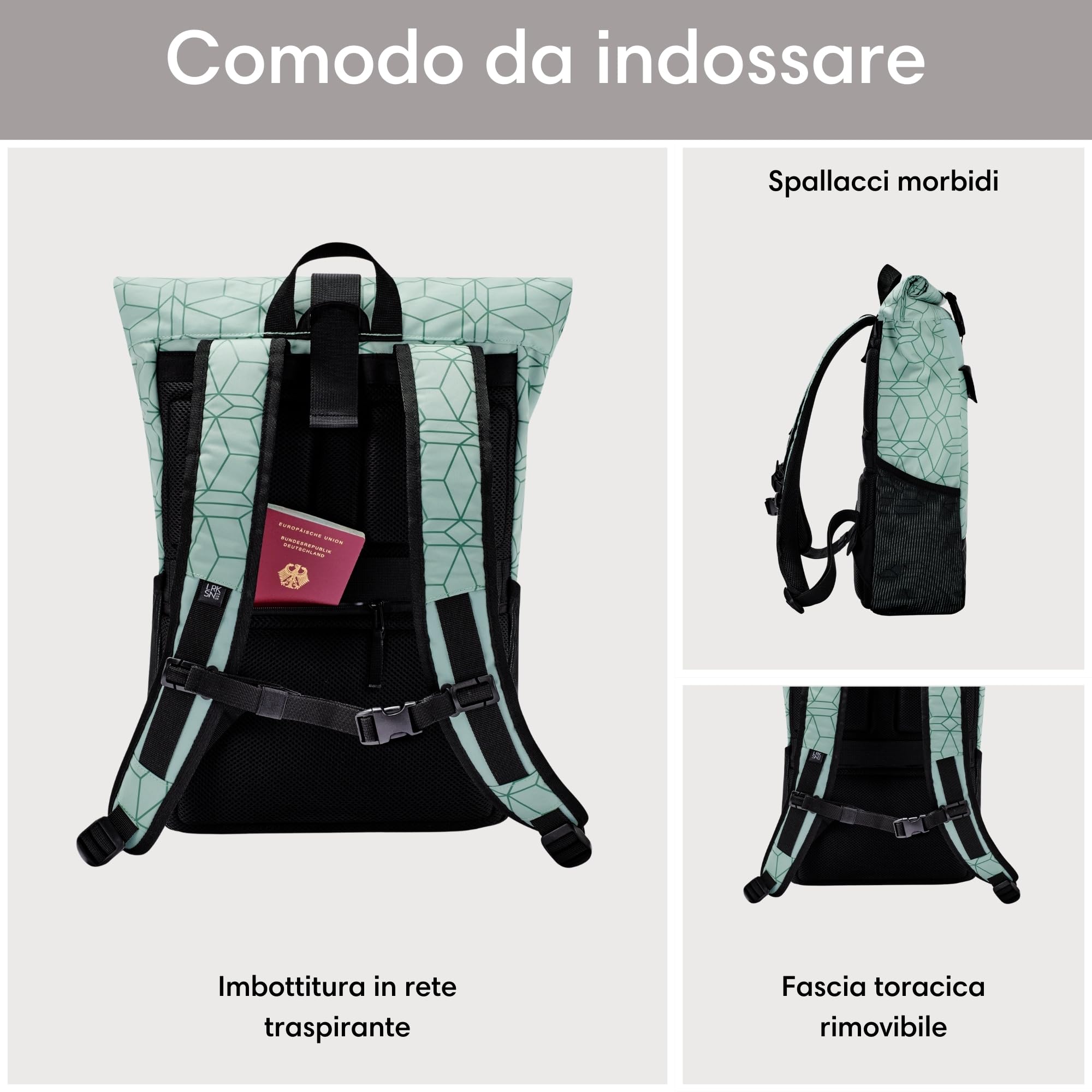 LARKSON Zaino Roll Top Uomo Donna - No 4 - Zainetto per Lavoro, Viaggio, Università - Porta Pc 16 Pollici - Materiale Sostenibile - Impermeabile
