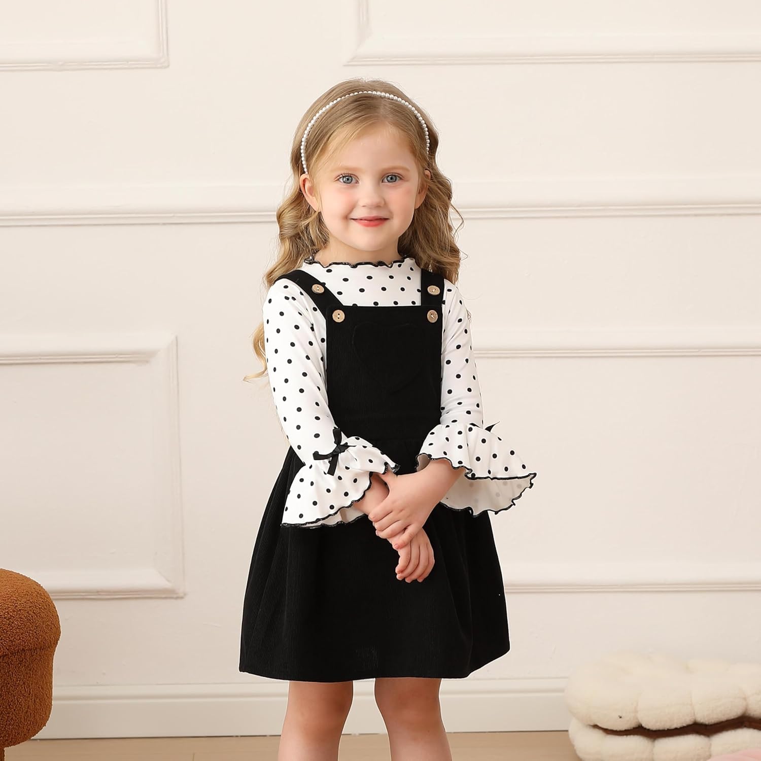 Toddler Baby Girl Fall Overall Dress 3/4 Flare Sleeve Shirt Corduroy Skirt Jumper 2Pcs Autumn Outfit Sets 1-5T - Image 2