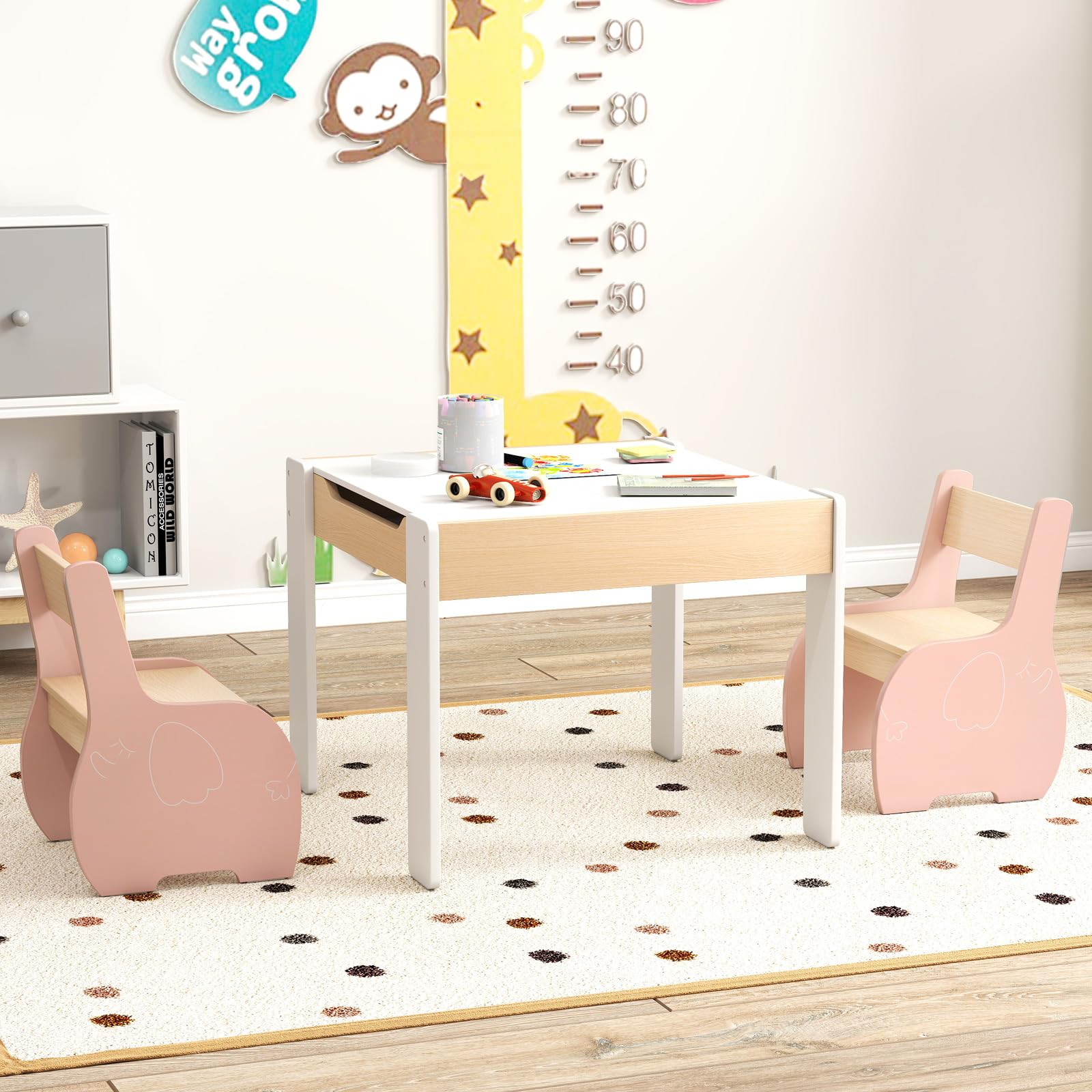 COSTWAY 3 in 1 Set Tavolo e Sedie per Bambini, Tavolo da Attività per Bambini con 2 Sedie, Lavagna Rimovibile e Deposito, per Giocare, Disegnare e Leggere, in Legno (Rosa)